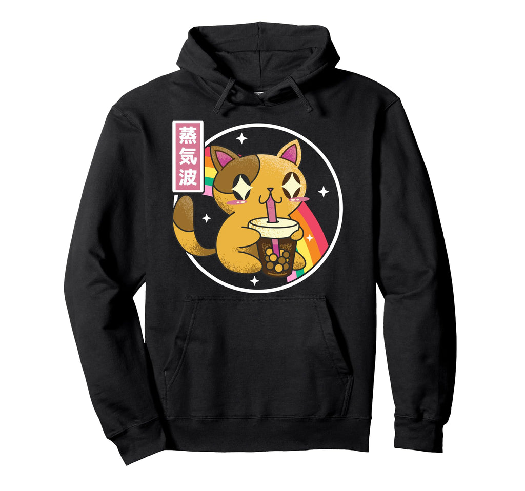 Cat Drinking Bubble Tea Boba Japan 80S Hoodie - Graphic Print for Adults - T-Shirt, Sweatshirt, Hoodie