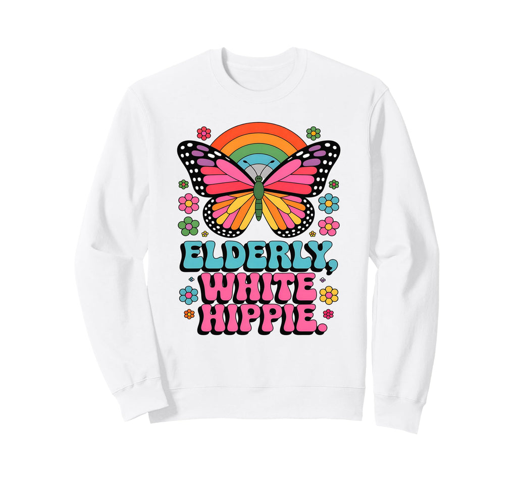 Elderly White Hippie Vibe Butterfly Sweatshirt - Graphic Print for Adults - T-Shirt, Sweatshirt, Hoodie