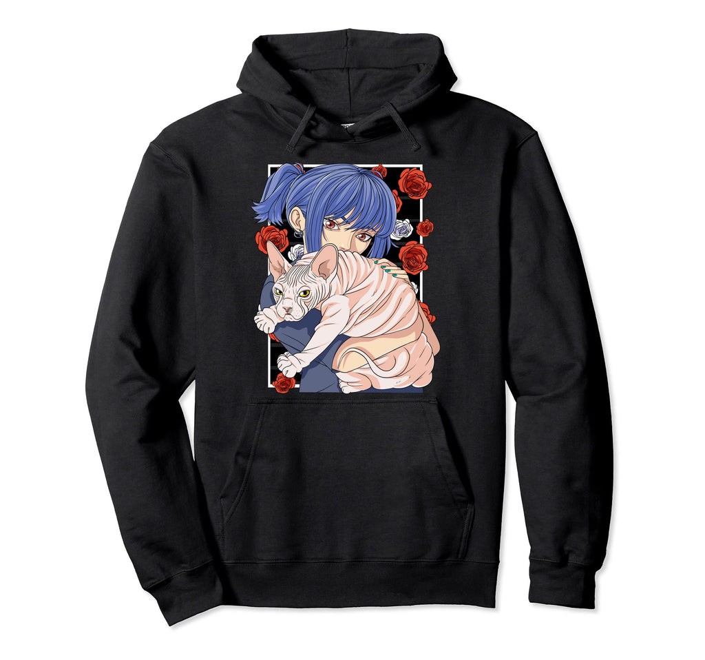 Funny Sphynx Cat Anime Goth Vaporwave Hoodie - Unique Graphic for Adults - T-Shirt, Sweatshirt, Hoodie