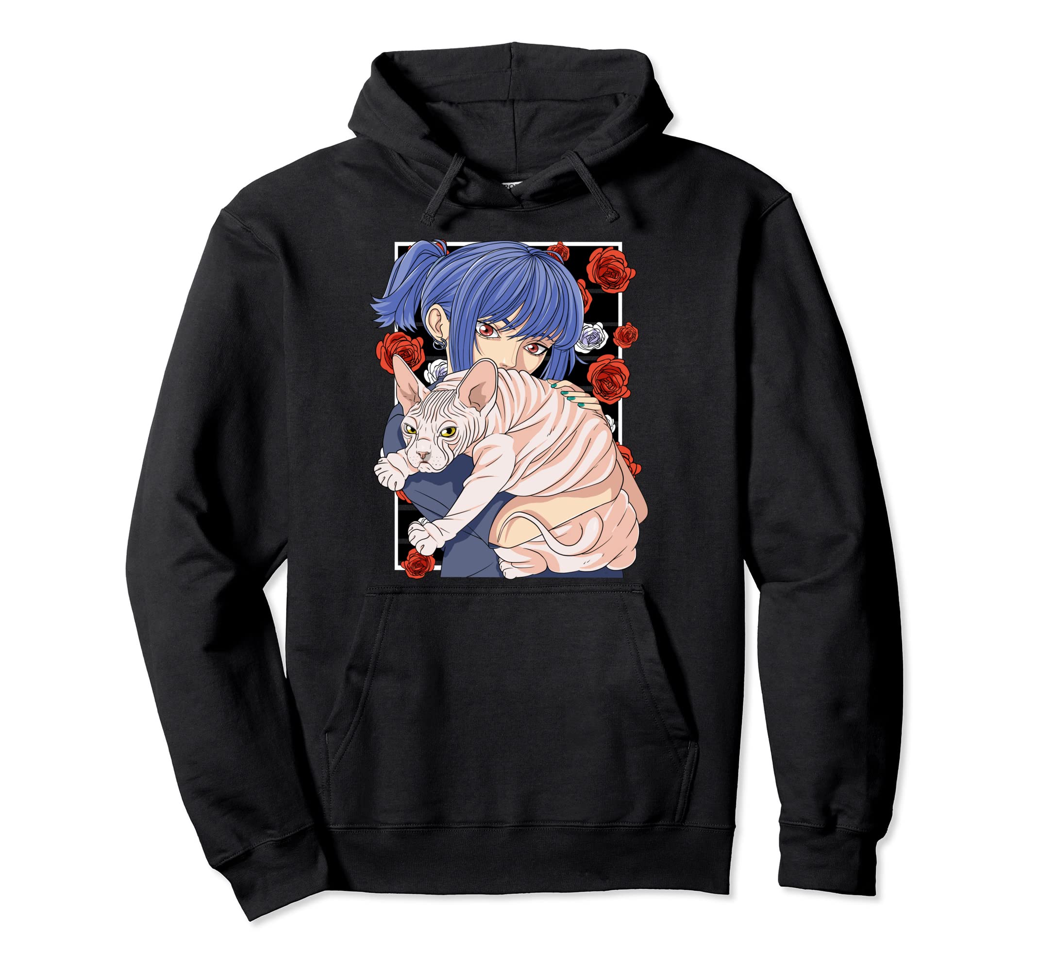 Funny Sphynx Cat Anime Goth Vaporwave Hoodie - Unique Graphic for Adults - T-Shirt, Sweatshirt, Hoodie