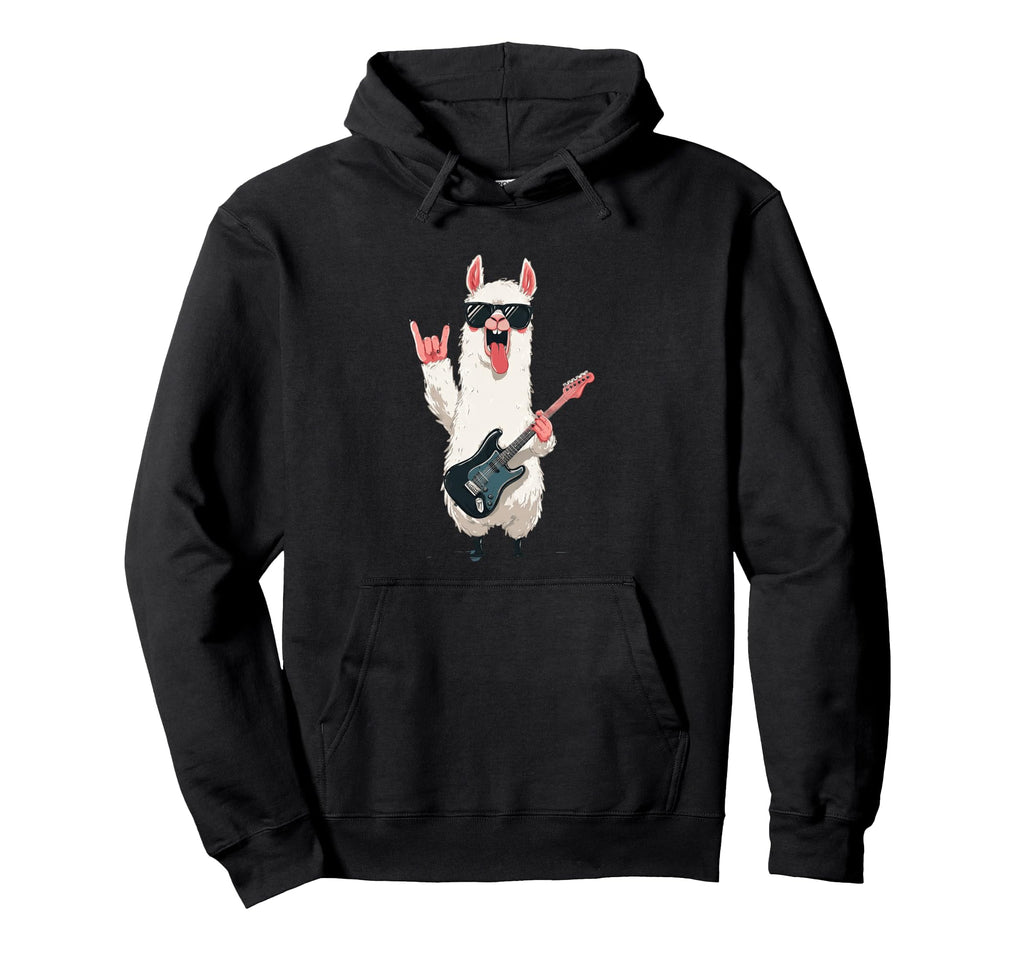 Llama Playing Guitar Funny Animal Rock Hoodie - Novelty Apparel for Adults - T-Shirt, Sweatshirt, Hoodie