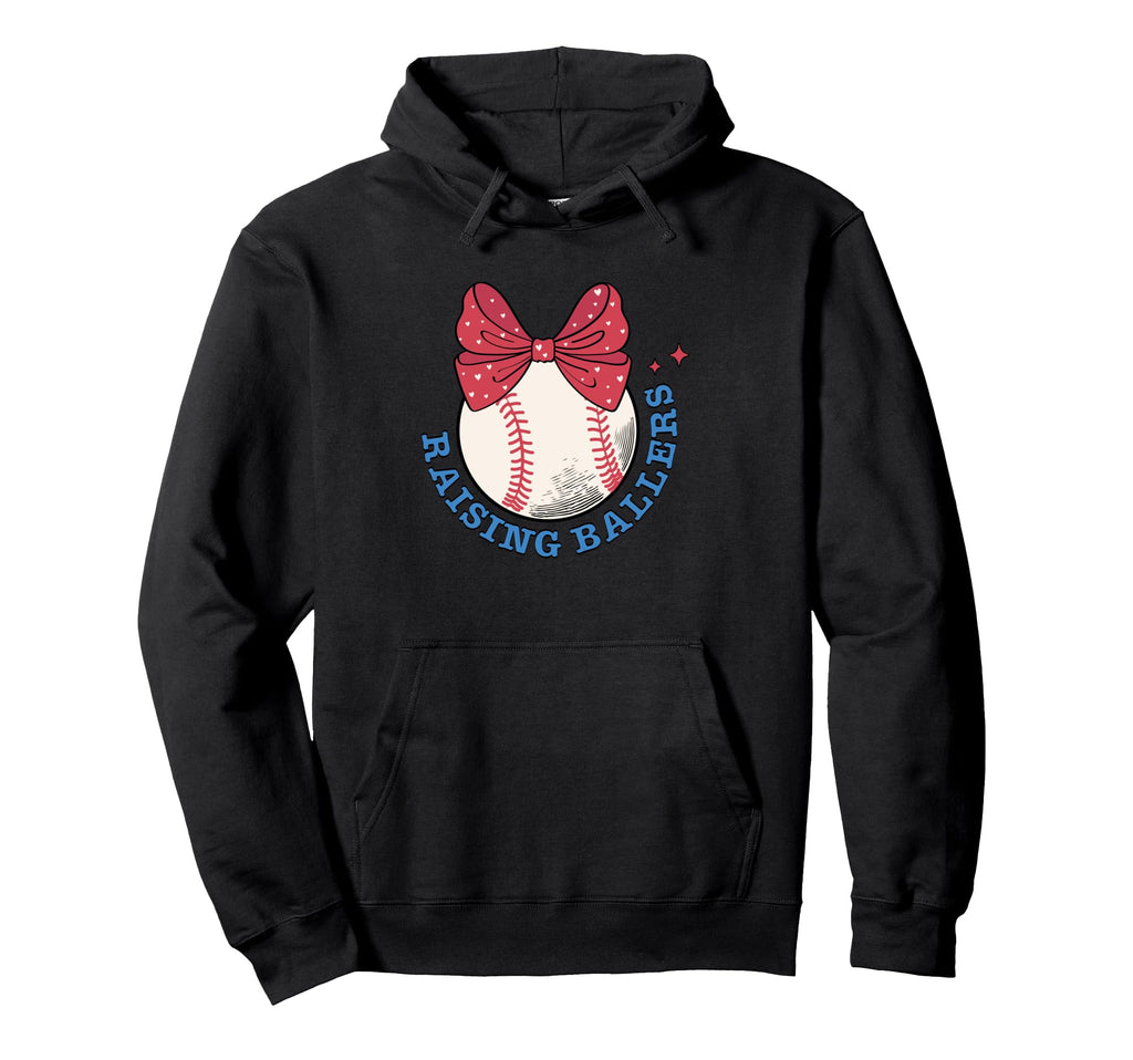 Raising Ballers Baseball Red Bow Heart Hoodie - Graphic Print Unisex - T-Shirt, Sweatshirt, Hoodie
