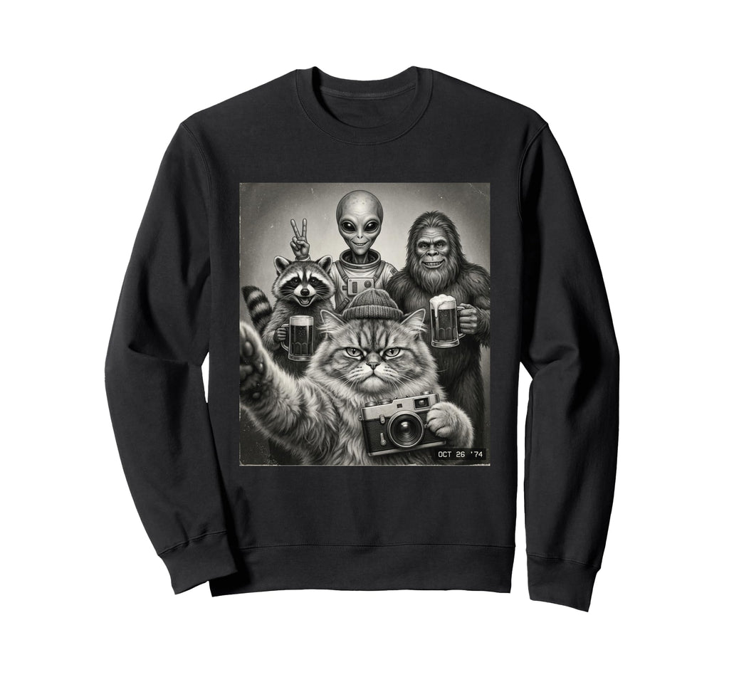 Cat Alien Bigfoot Raccoon Beer Selfie Sweatshirt - Graphic Print Unisex - T-Shirt, Sweatshirt, Hoodie
