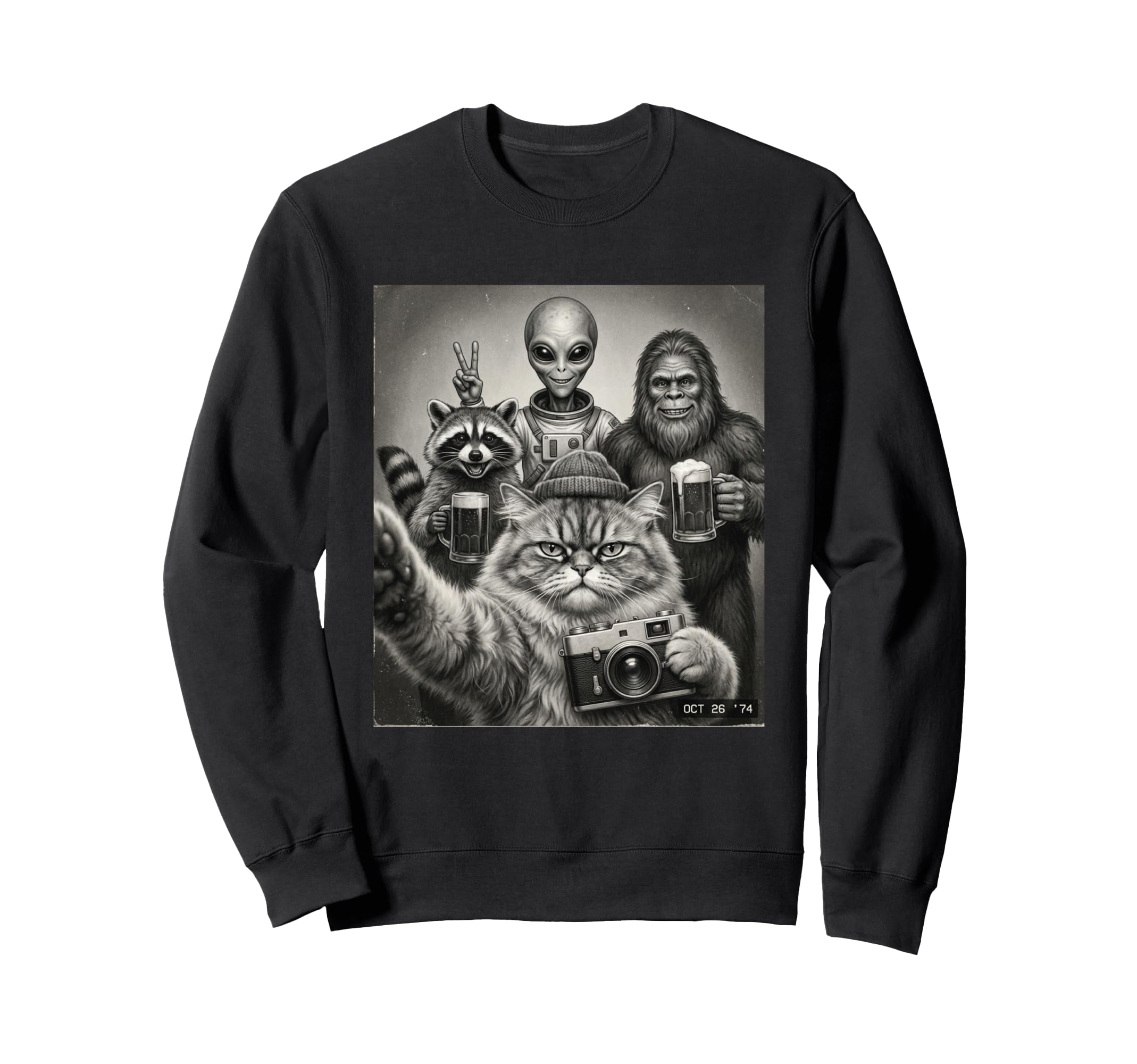 Cat Alien Bigfoot Raccoon Beer Selfie Sweatshirt - Graphic Print Unisex - T-Shirt, Sweatshirt, Hoodie