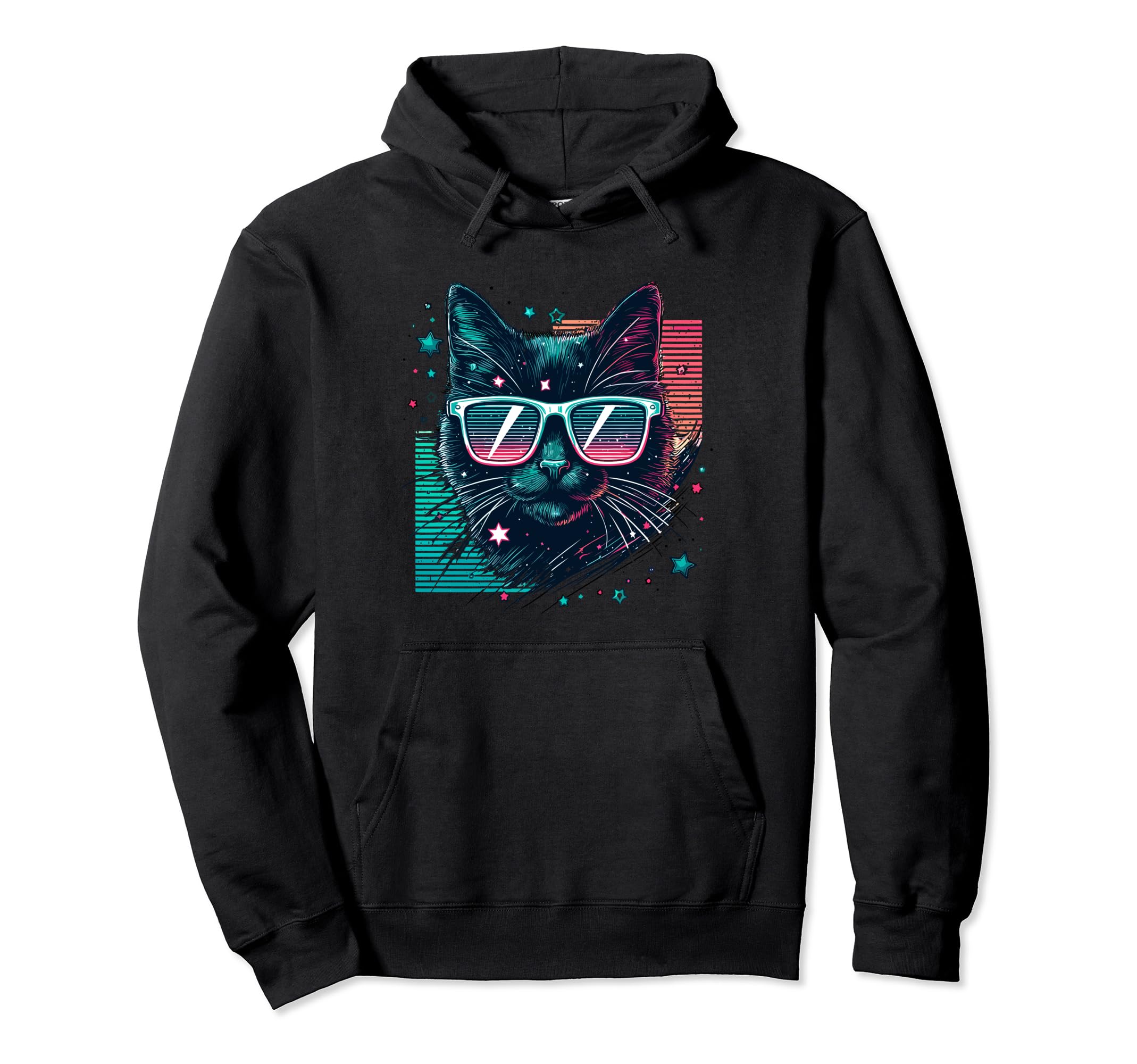 Cat Neon 80S Sunglasses Funny Cat Mum Hoodie - Custom Art Print Men Women - T-Shirt, Sweatshirt, Hoodie