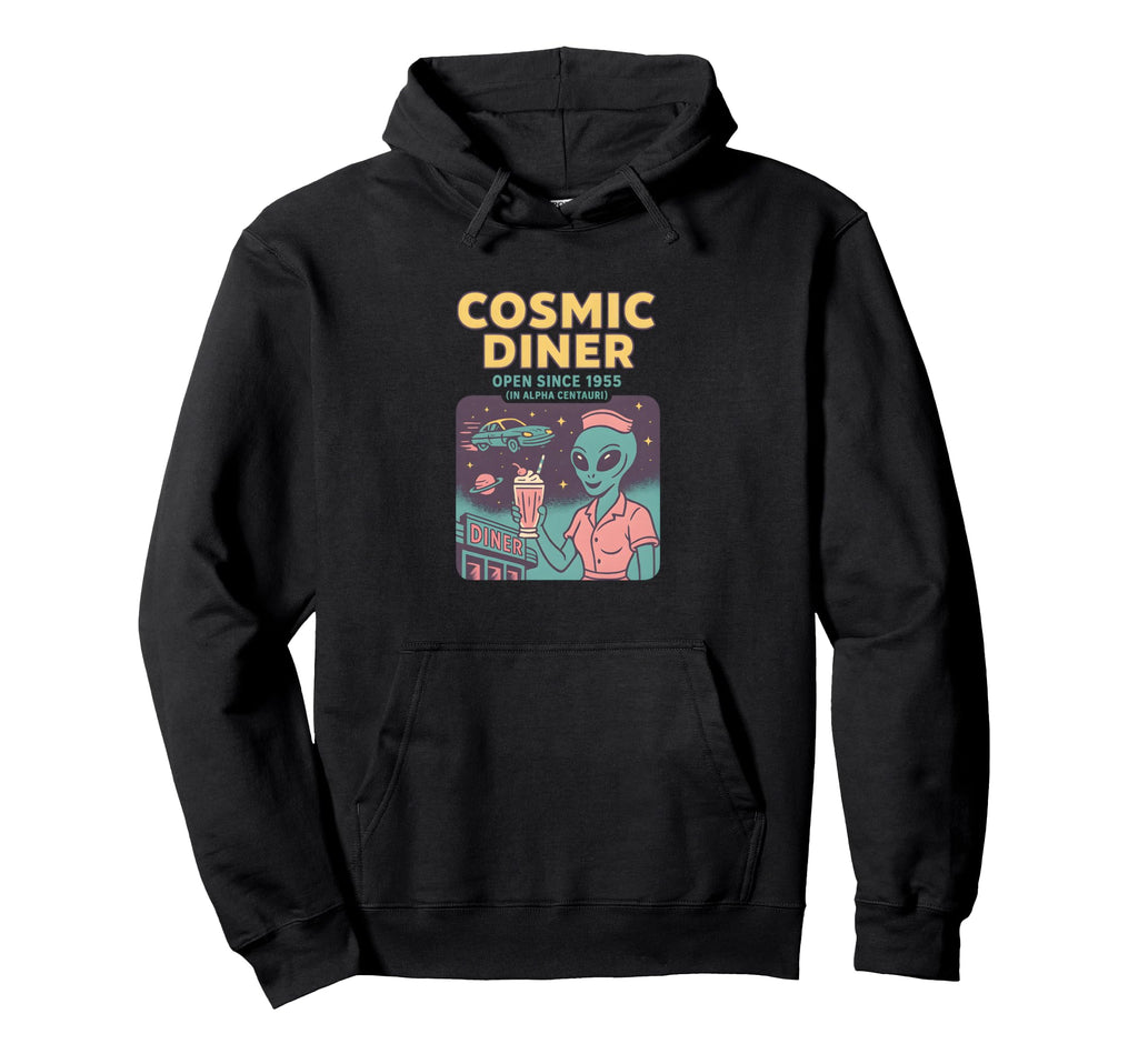 Cosmic Diner Space Caf Alien Hoodie - Novelty Apparel for Adults - T-Shirt, Sweatshirt, Hoodie