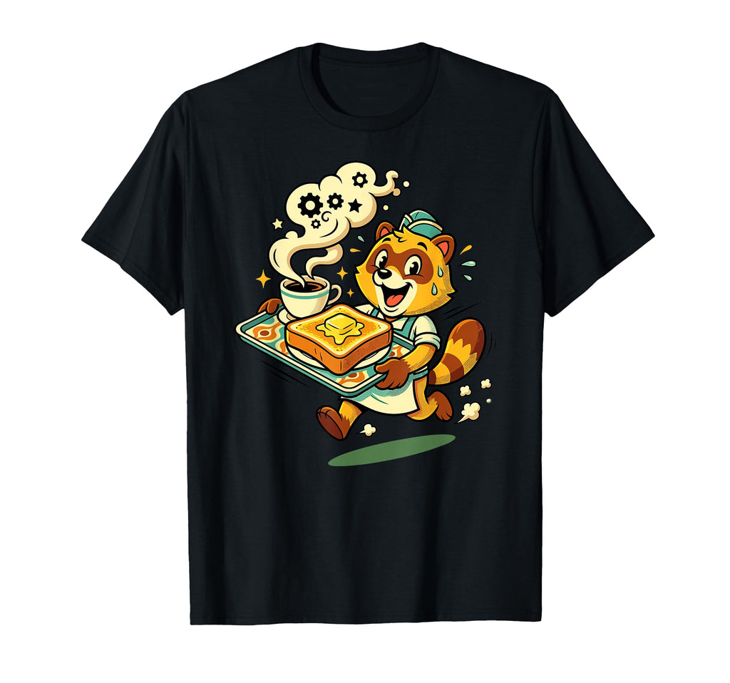 Raccoon Waiter Coffee And Toast Cartoon T-Shirt - Graphic Print Unisex - T-Shirt, Sweatshirt, Hoodie