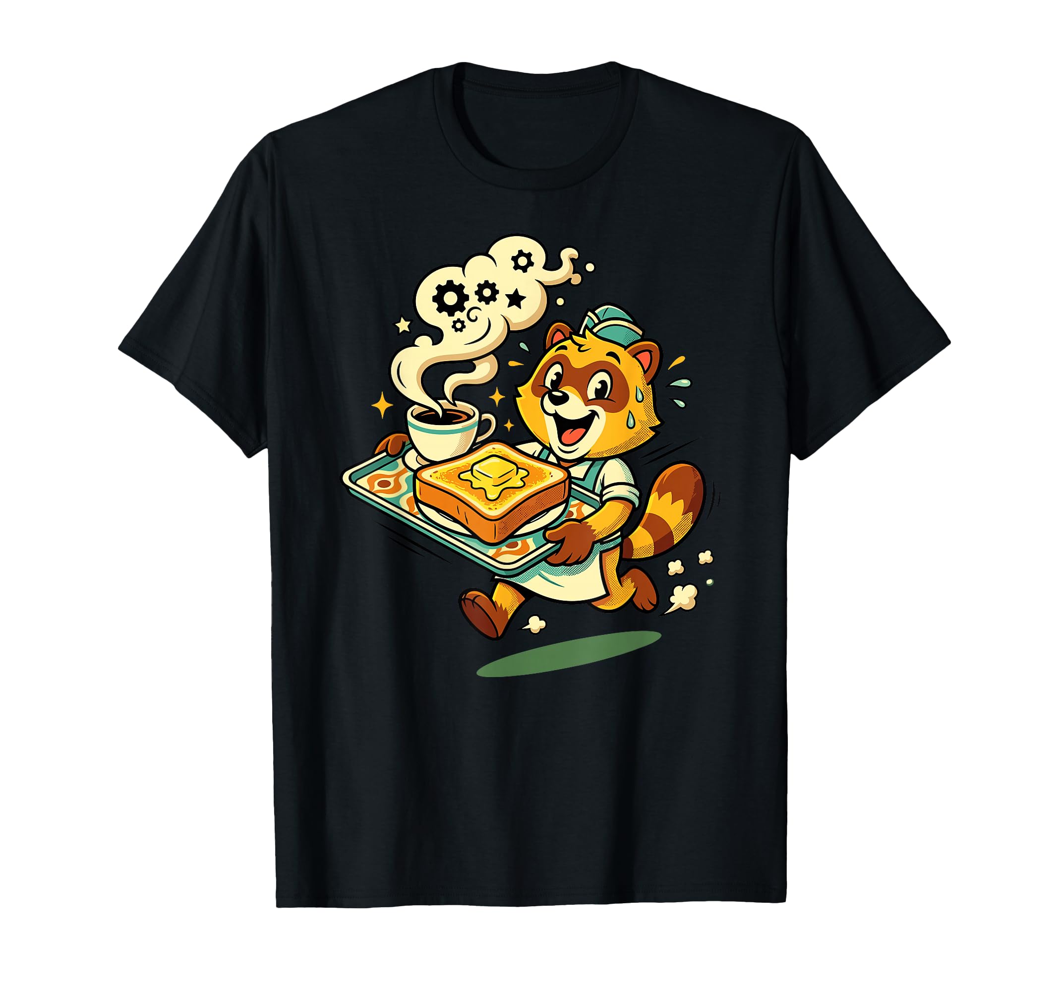 Raccoon Waiter Coffee And Toast Cartoon T-Shirt - Graphic Print Unisex - T-Shirt, Sweatshirt, Hoodie