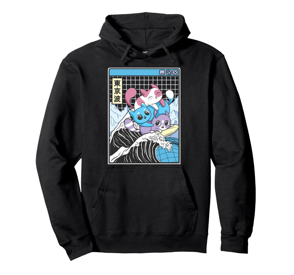 Playing Cats Surfing Kanagawa Wave Hoodie - Custom Art Print for Adults - T-Shirt, Sweatshirt, Hoodie