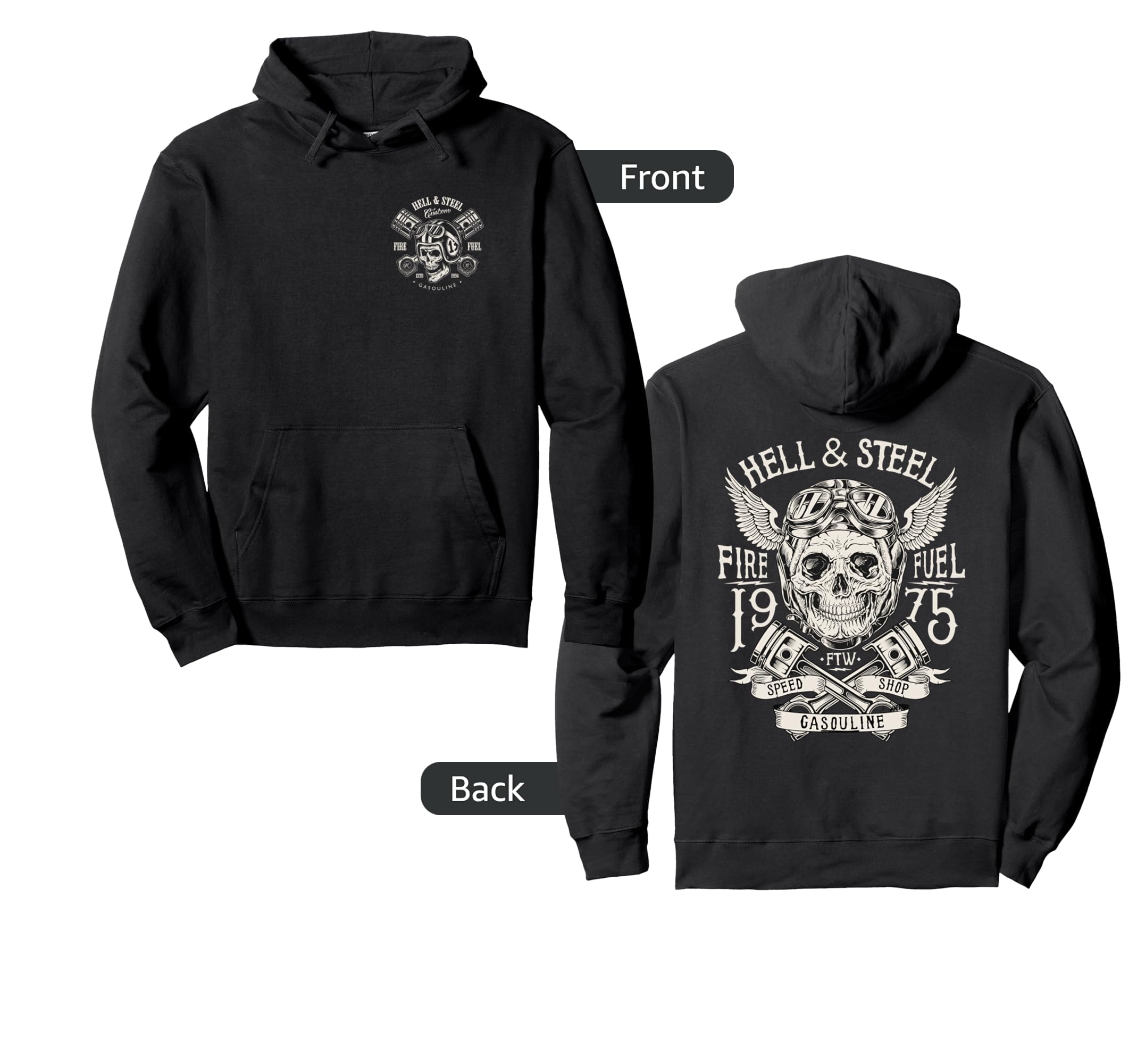 2 Sided Hell And Steel Skull Pistons Hoodie - Custom Art Print Men Women - T-Shirt, Sweatshirt, Hoodie