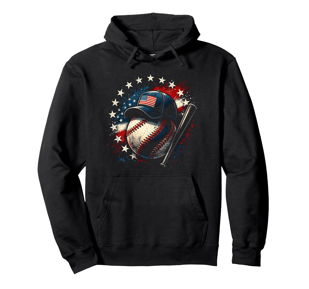 Distressed Baseball And Usa Flag Hoodie - Trendy Graphic Unisex - T-Shirt, Sweatshirt, Hoodie