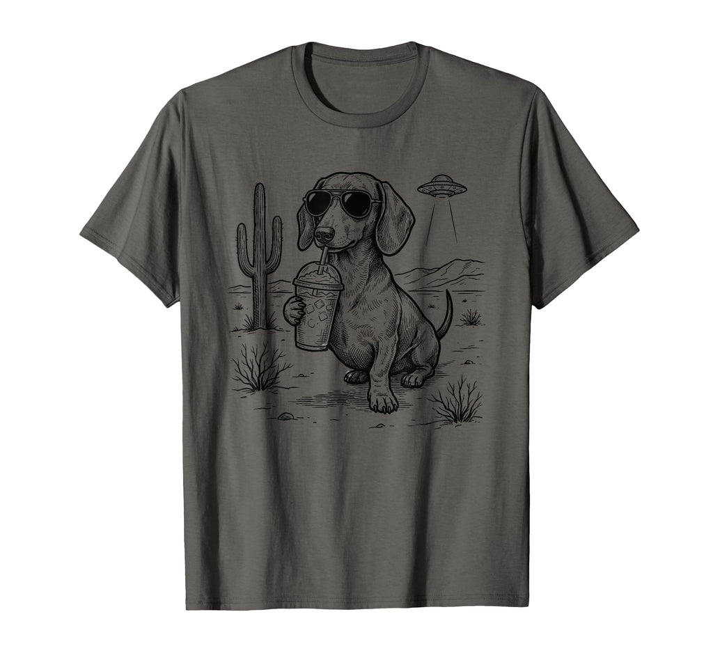 Dachshund Iced Coffee Desert Ufo Line Art T-Shirt - Trendy Graphic Unisex - T-Shirt, Sweatshirt, Hoodie