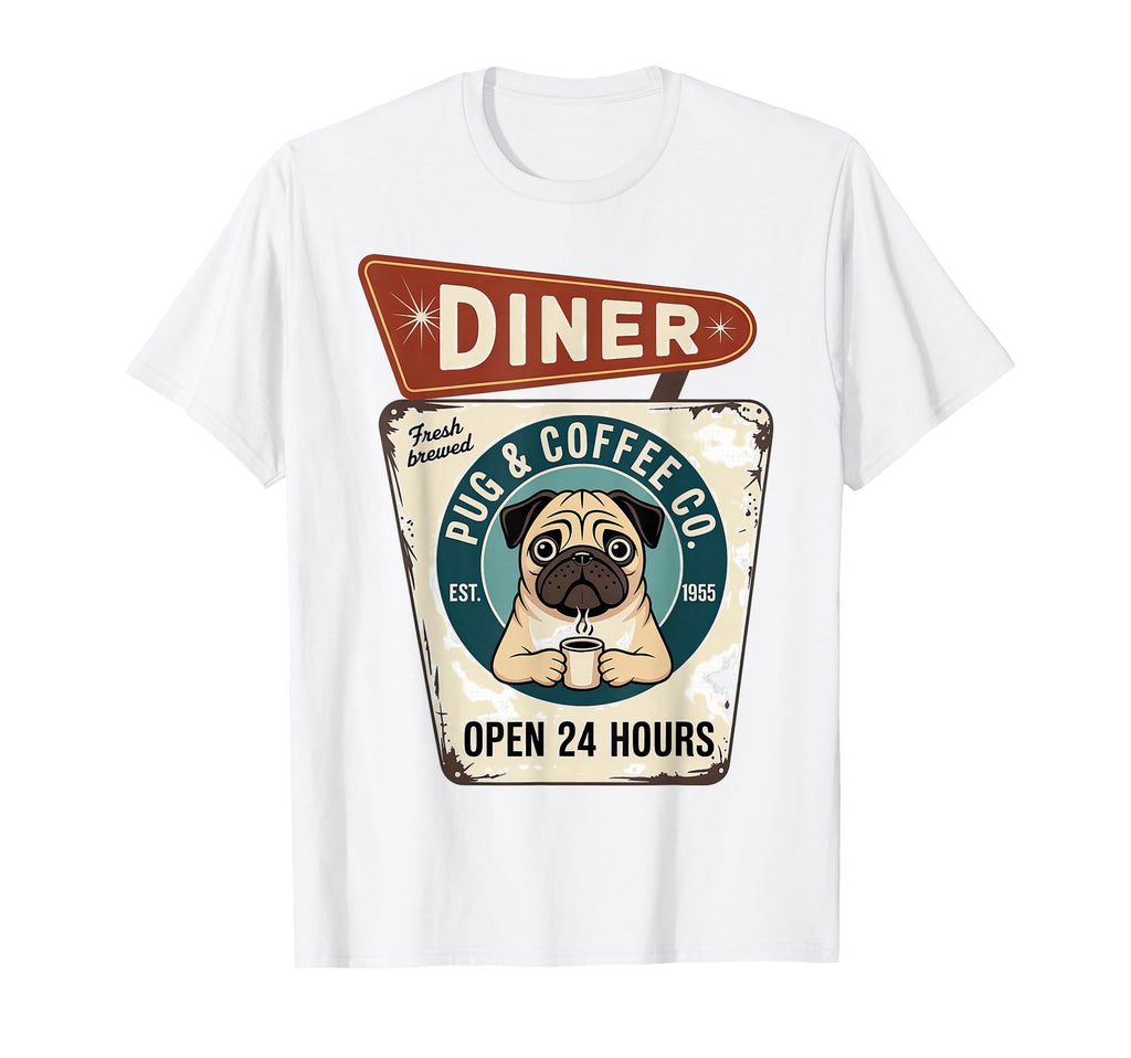 Pug And Coffee Co Diner Badge Teal Pug T-Shirt - Trendy Graphic Unisex - T-Shirt, Sweatshirt, Hoodie