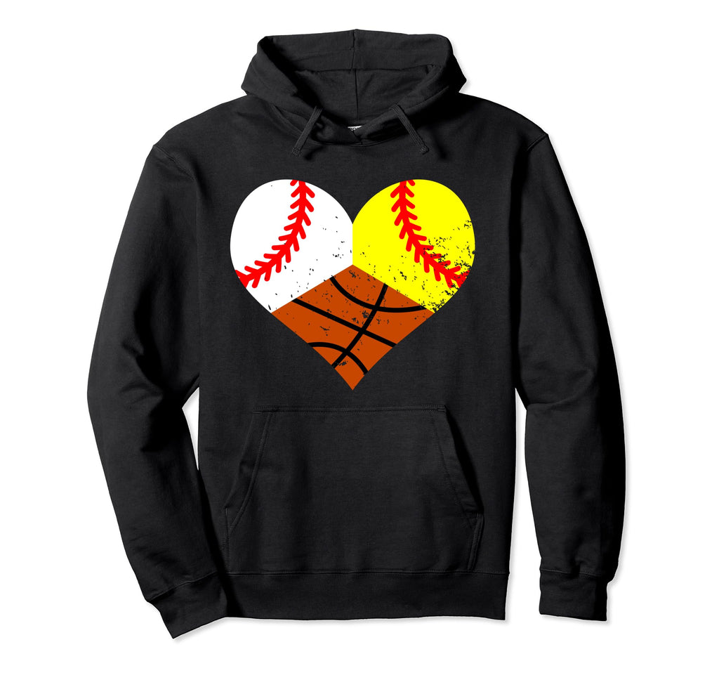 Baseball Softball Basketball Heart Hoodie - Casual Everyday Wear Men Women - T-Shirt, Sweatshirt, Hoodie