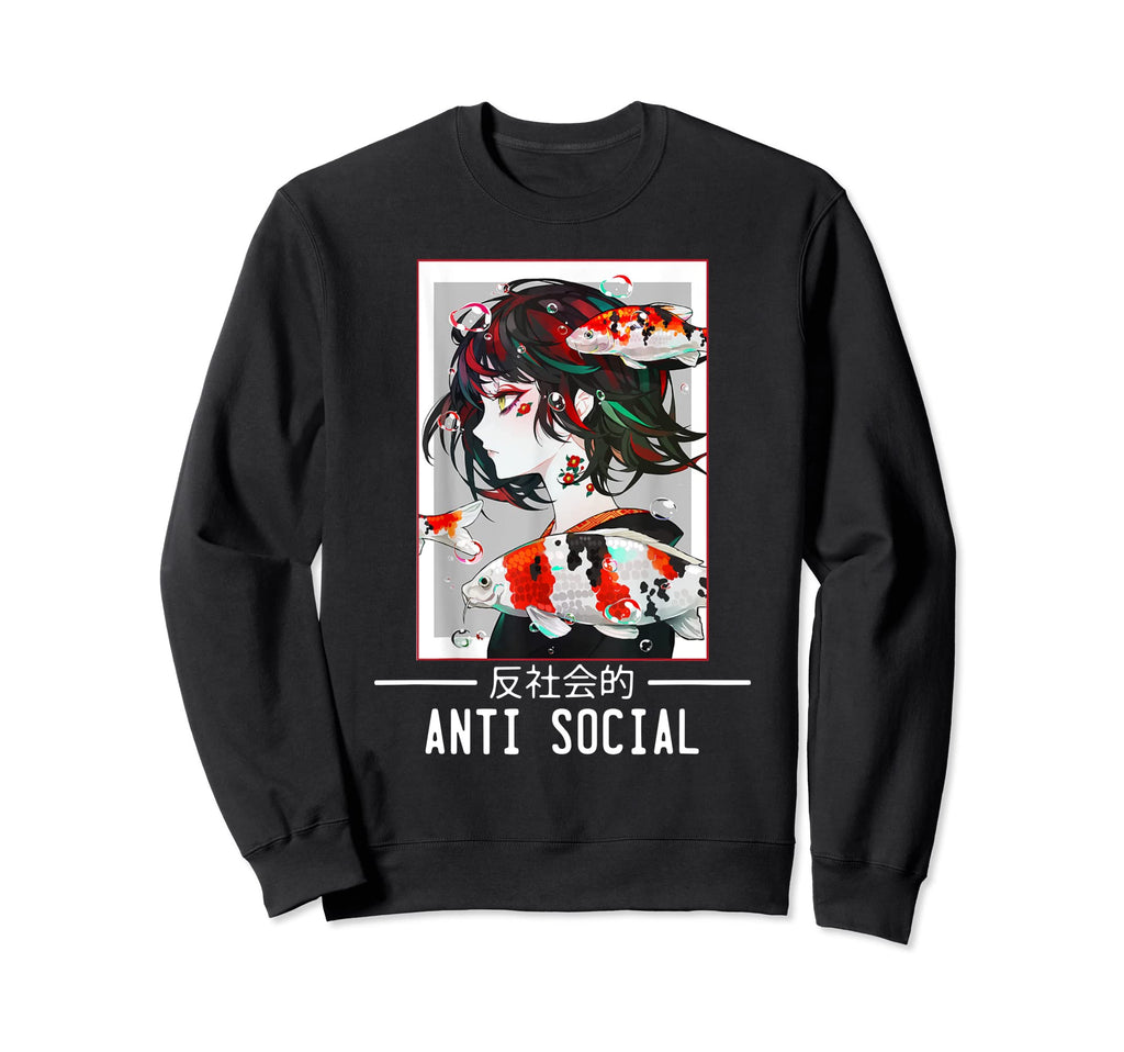 Anti Social Japanese Text Sweatshirt - Aesthetic Graphic Men Women - T-Shirt, Sweatshirt, Hoodie