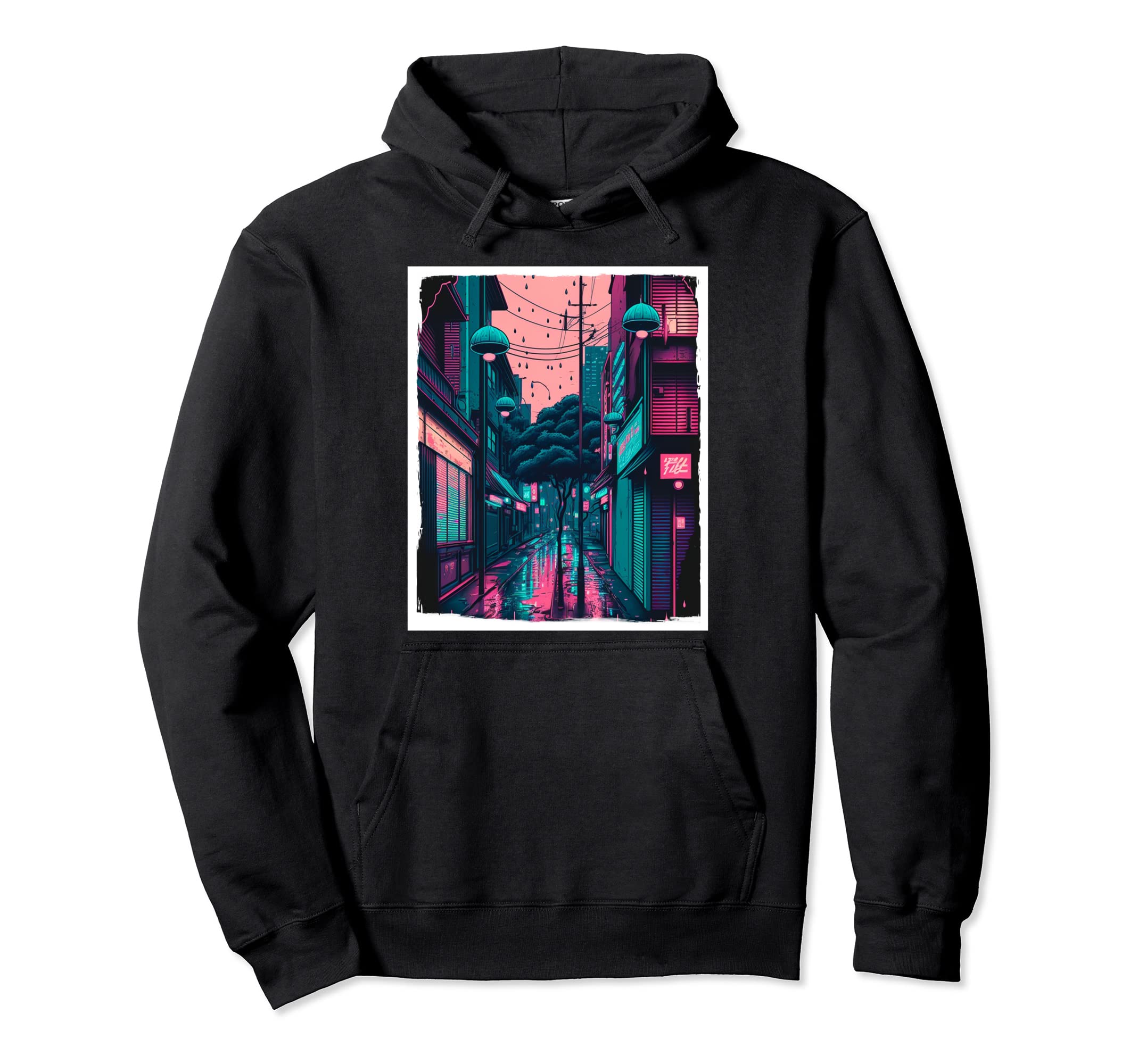 Vaporwave Aesthetic Japan Neon Rain Emo Anime Hoodie - Graphic Print Unisex - T-Shirt, Sweatshirt, Hoodie