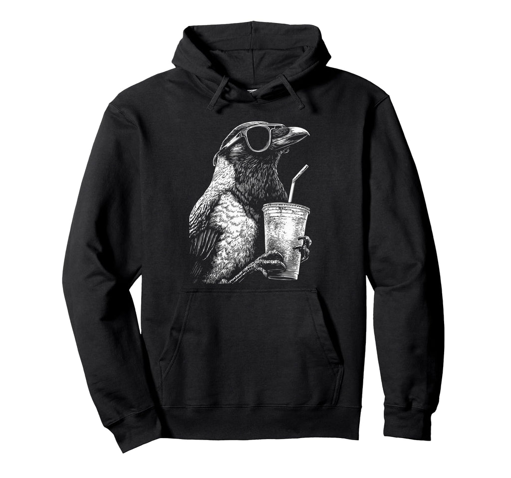 Crow Drinking Iced Coffee Funny Animal Hoodie - Graphic Print Men Women - T-Shirt, Sweatshirt, Hoodie