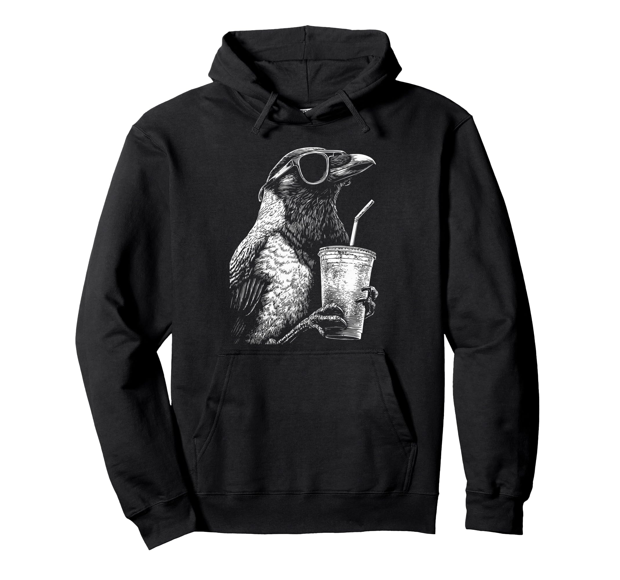 Crow Drinking Iced Coffee Funny Animal Hoodie - Graphic Print Men Women - T-Shirt, Sweatshirt, Hoodie