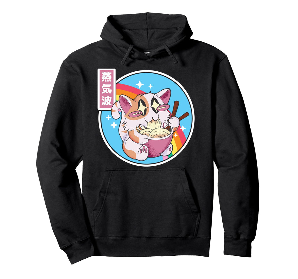 Happy Cat Eating Ramen Japan Otaku Hoodie - Casual Everyday Wear Unisex - T-Shirt, Sweatshirt, Hoodie