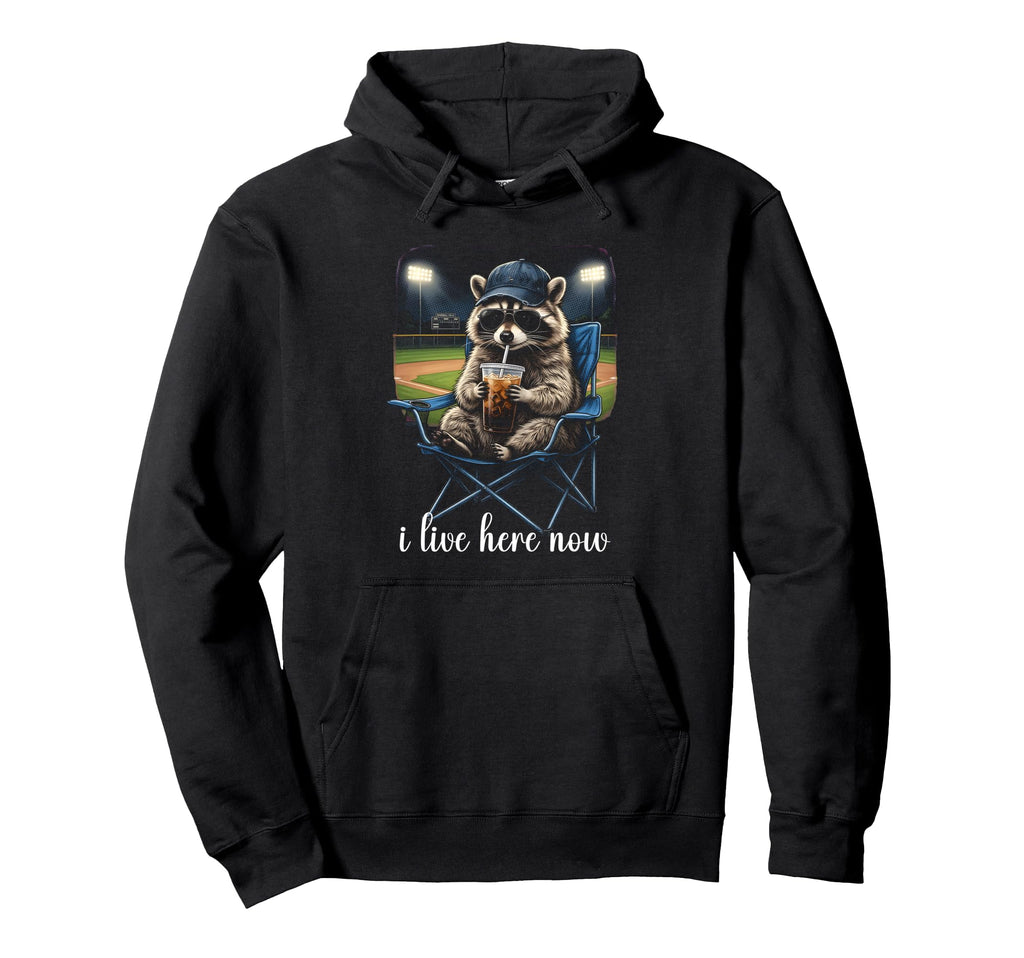 I Live Here Now Baseball Mom Raccoon Hoodie - Minimalist Print Men Women - T-Shirt, Sweatshirt, Hoodie
