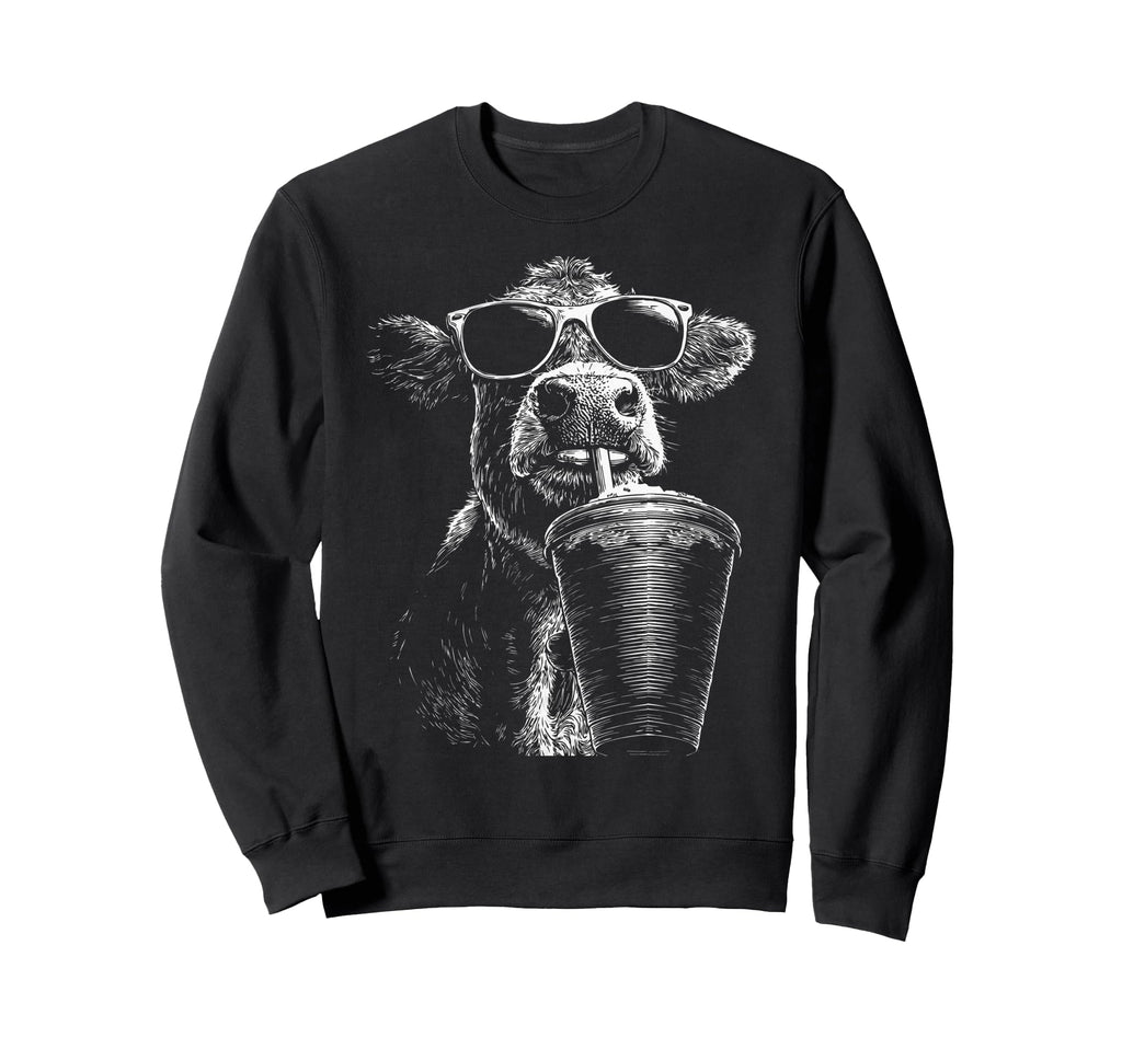 Cow Drinking Iced Coffee Funny Sweatshirt - Unique Graphic Men Women - T-Shirt, Sweatshirt, Hoodie