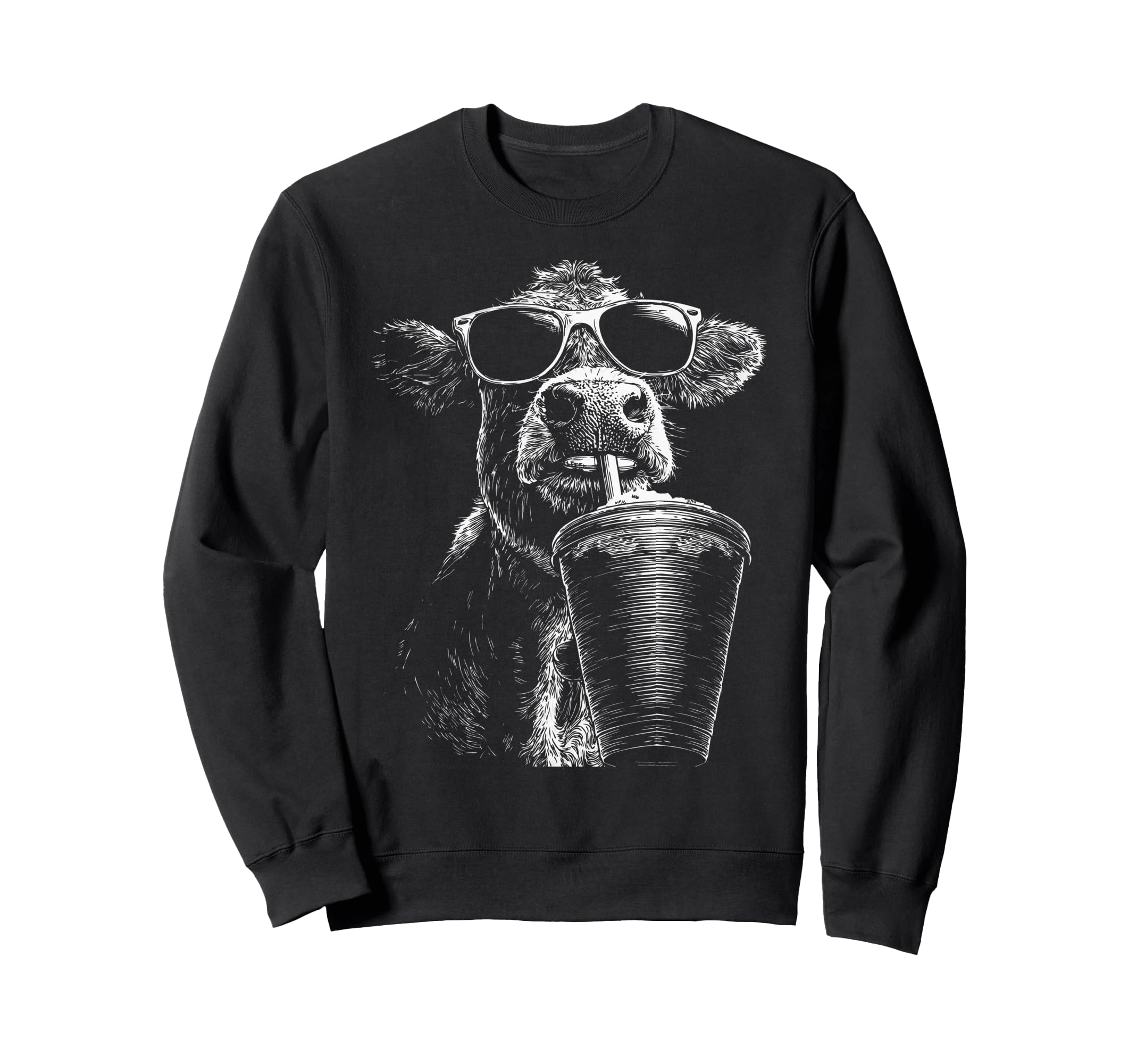 Cow Drinking Iced Coffee Funny Sweatshirt - Unique Graphic Men Women - T-Shirt, Sweatshirt, Hoodie