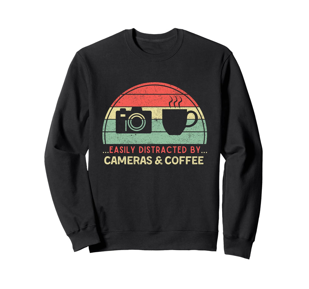 Easily Distracted Cameras Coffee Sweatshirt - Aesthetic Graphic Men Women - T-Shirt, Sweatshirt, Hoodie