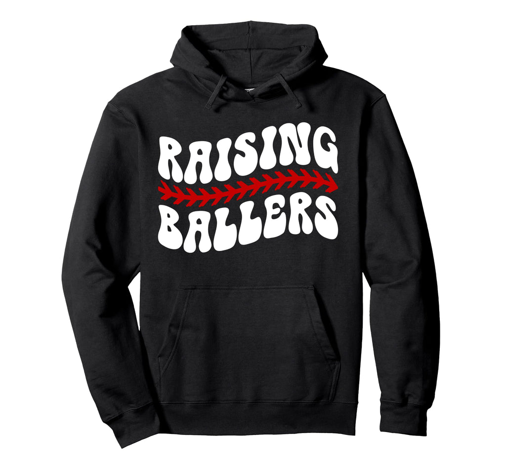 Raising Ballers Groovy Baseball Softball Hoodie - Unique Graphic Unisex - T-Shirt, Sweatshirt, Hoodie