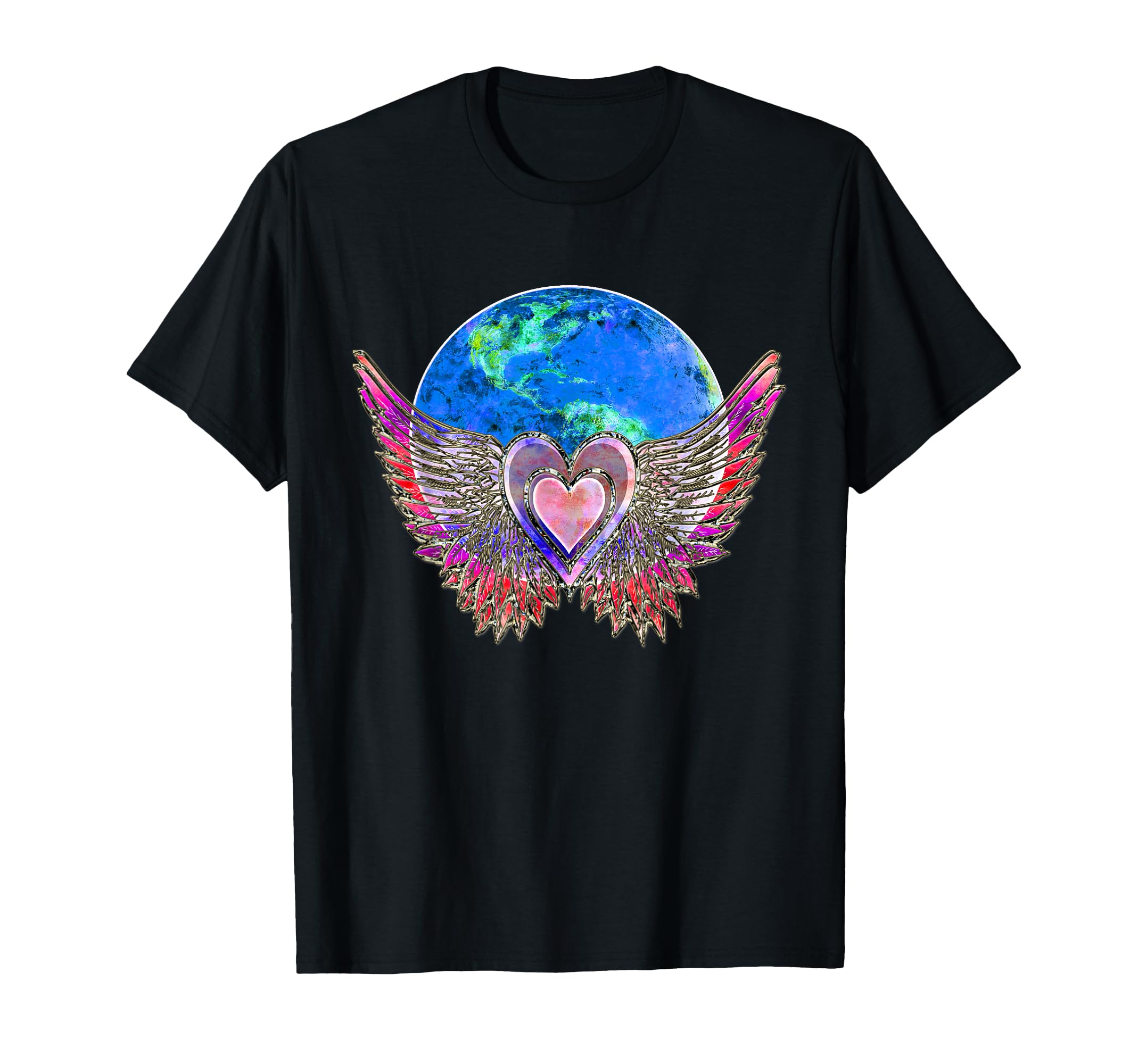 Heart Angel Wings Earth Love Peace T-Shirt - Novelty Apparel Unisex - T-Shirt, Sweatshirt, Hoodie