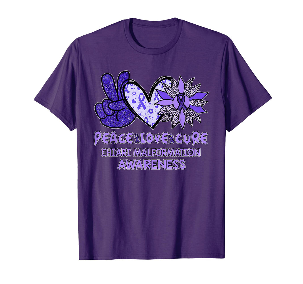 Peace Love Cure Chiari Malformation Purple T-Shirt - Graphic Print Unisex - T-Shirt, Sweatshirt, Hoodie