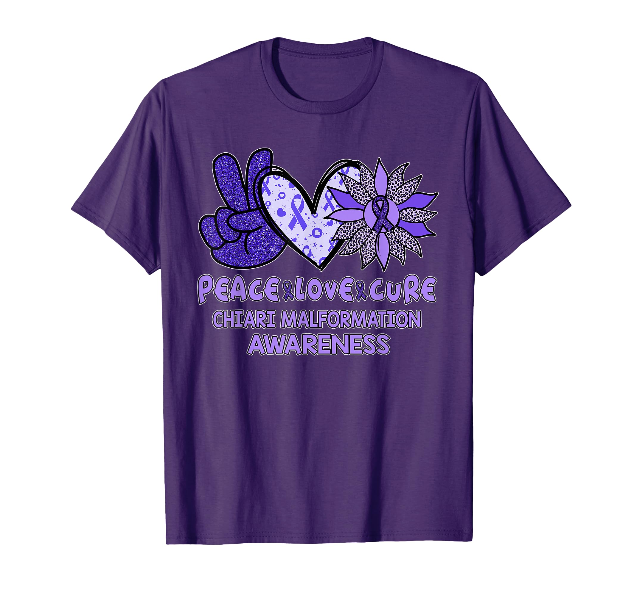 Peace Love Cure Chiari Malformation Purple T-Shirt - Graphic Print Unisex - T-Shirt, Sweatshirt, Hoodie