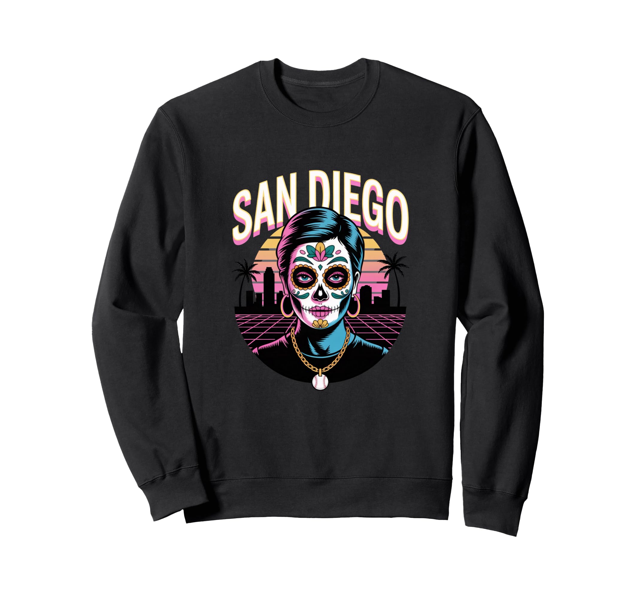 San Diego Sugar Skull Synthwave Sweatshirt - Aesthetic Graphic for Adults - T-Shirt, Sweatshirt, Hoodie