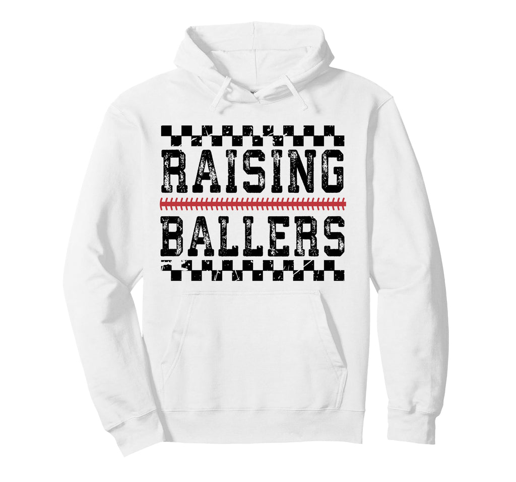 Raising Ballers Checkered Baseball Mom Hoodie - Fun Novelty Design Unisex - T-Shirt, Sweatshirt, Hoodie