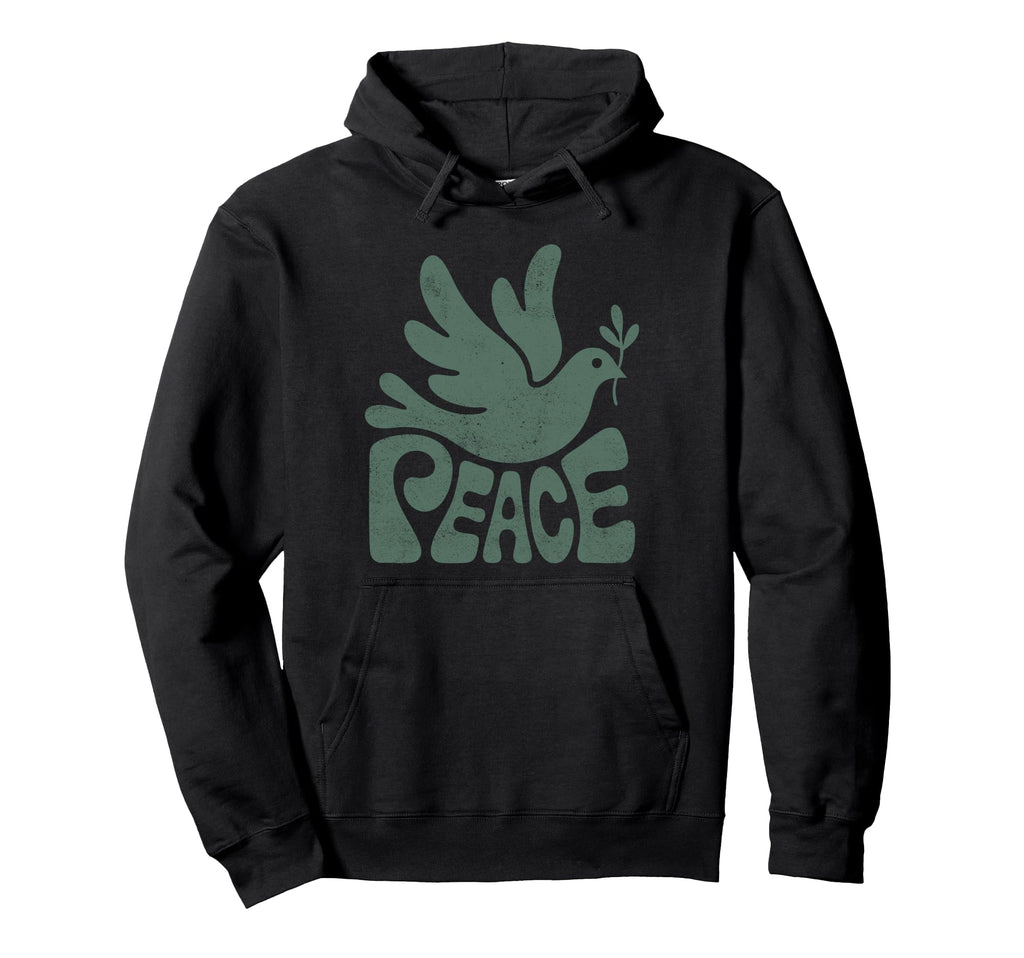 Word Peace Groovy Dove Hippie Green Hoodie - Minimalist Print Unisex - T-Shirt, Sweatshirt, Hoodie