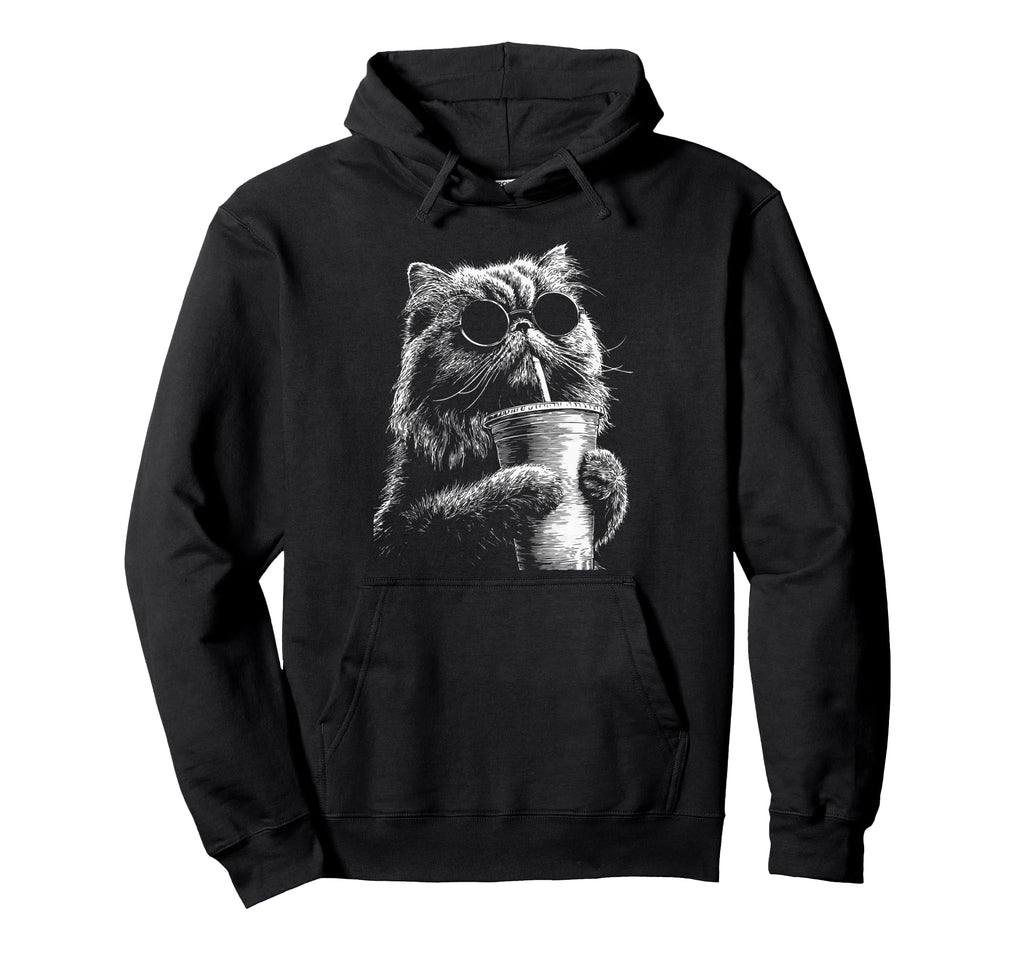 Persian Cat Drinking Iced Coffee Funny Hoodie - Fun Novelty Design Unisex - T-Shirt, Sweatshirt, Hoodie