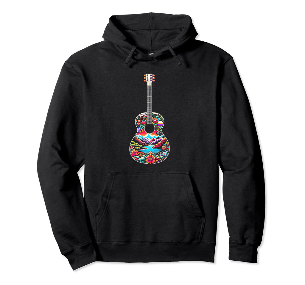 Boho Floral Guitar Mountain Lake Hoodie - Minimalist Print Men Women - T-Shirt, Sweatshirt, Hoodie