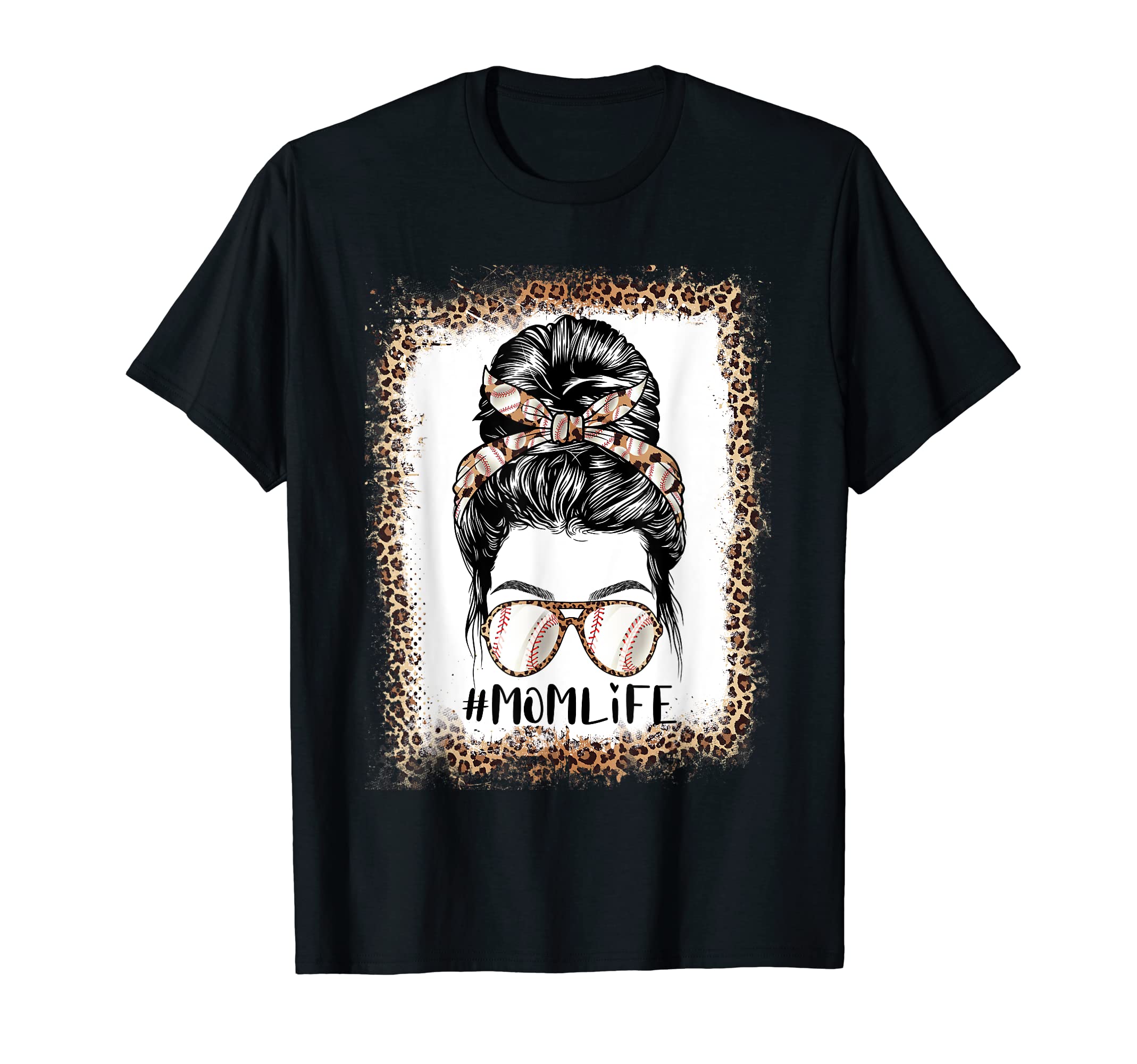 Messy Bun Baseball Mom Leopard T-Shirt - Minimalist Print for Adults - T-Shirt, Sweatshirt, Hoodie