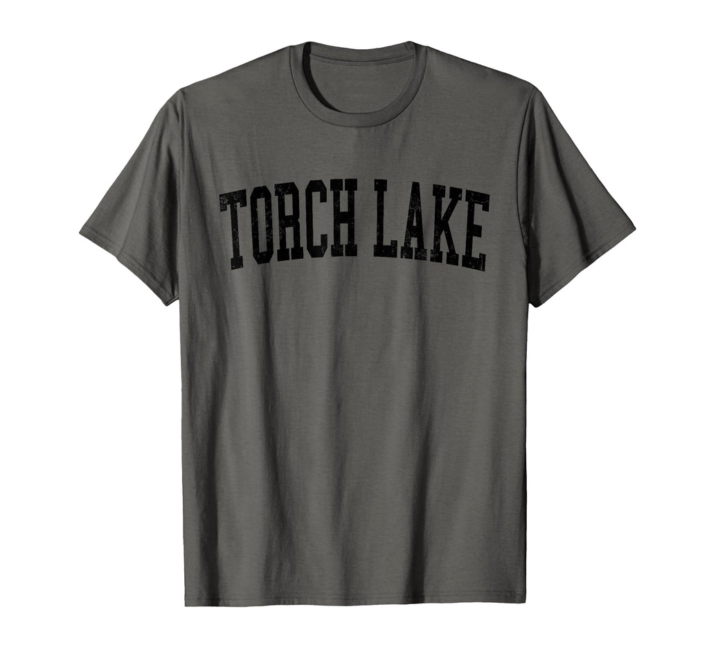 Torch Lake Distressed Black Varsity T-Shirt - Fun Novelty Design for Adults - T-Shirt, Sweatshirt, Hoodie