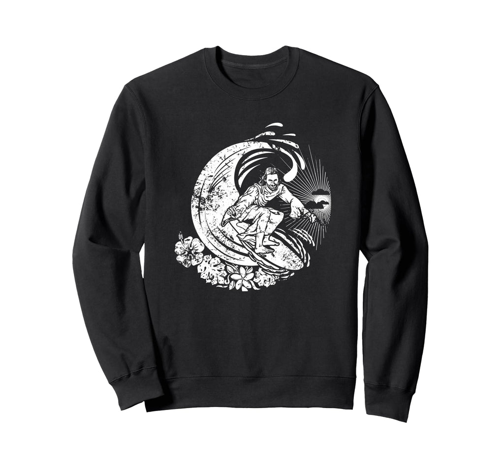 Surfing Jesus Distressed Sweatshirt - Fun Novelty Design for Adults - T-Shirt, Sweatshirt, Hoodie