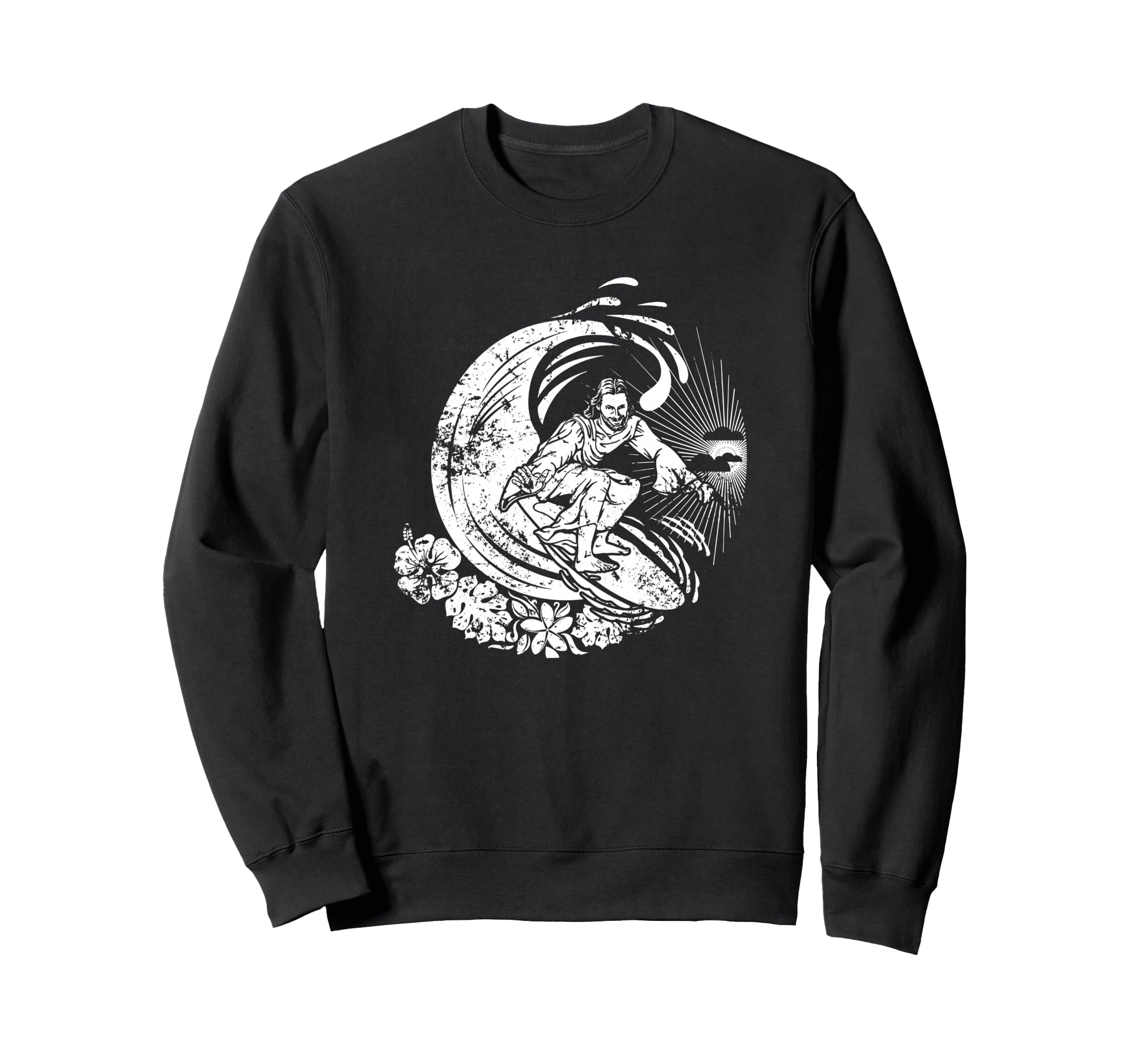 Surfing Jesus Distressed Sweatshirt - Fun Novelty Design for Adults - T-Shirt, Sweatshirt, Hoodie