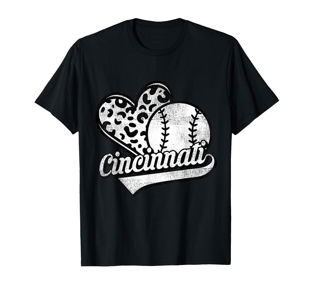 Cincinnati Baseball Leopard Heart T-Shirt - Novelty Apparel Unisex - T-Shirt, Sweatshirt, Hoodie