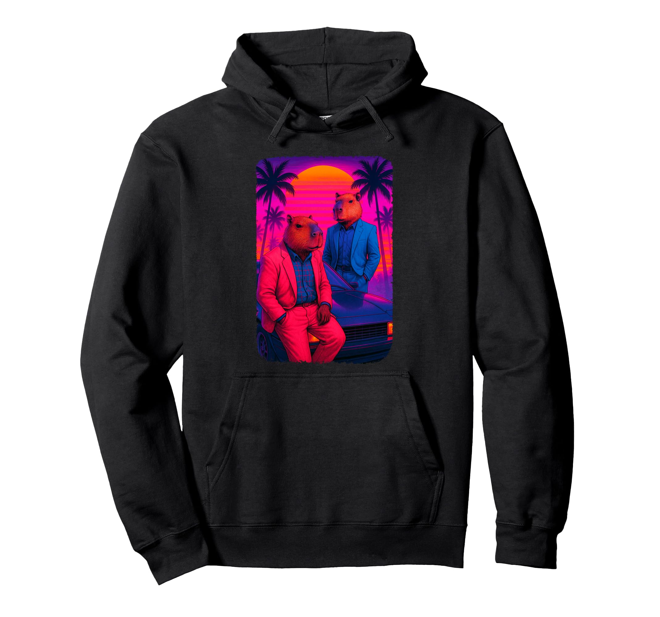 80S Capybara Vaporwave Sunset Aesthetic Hoodie - Unique Graphic Unisex - T-Shirt, Sweatshirt, Hoodie