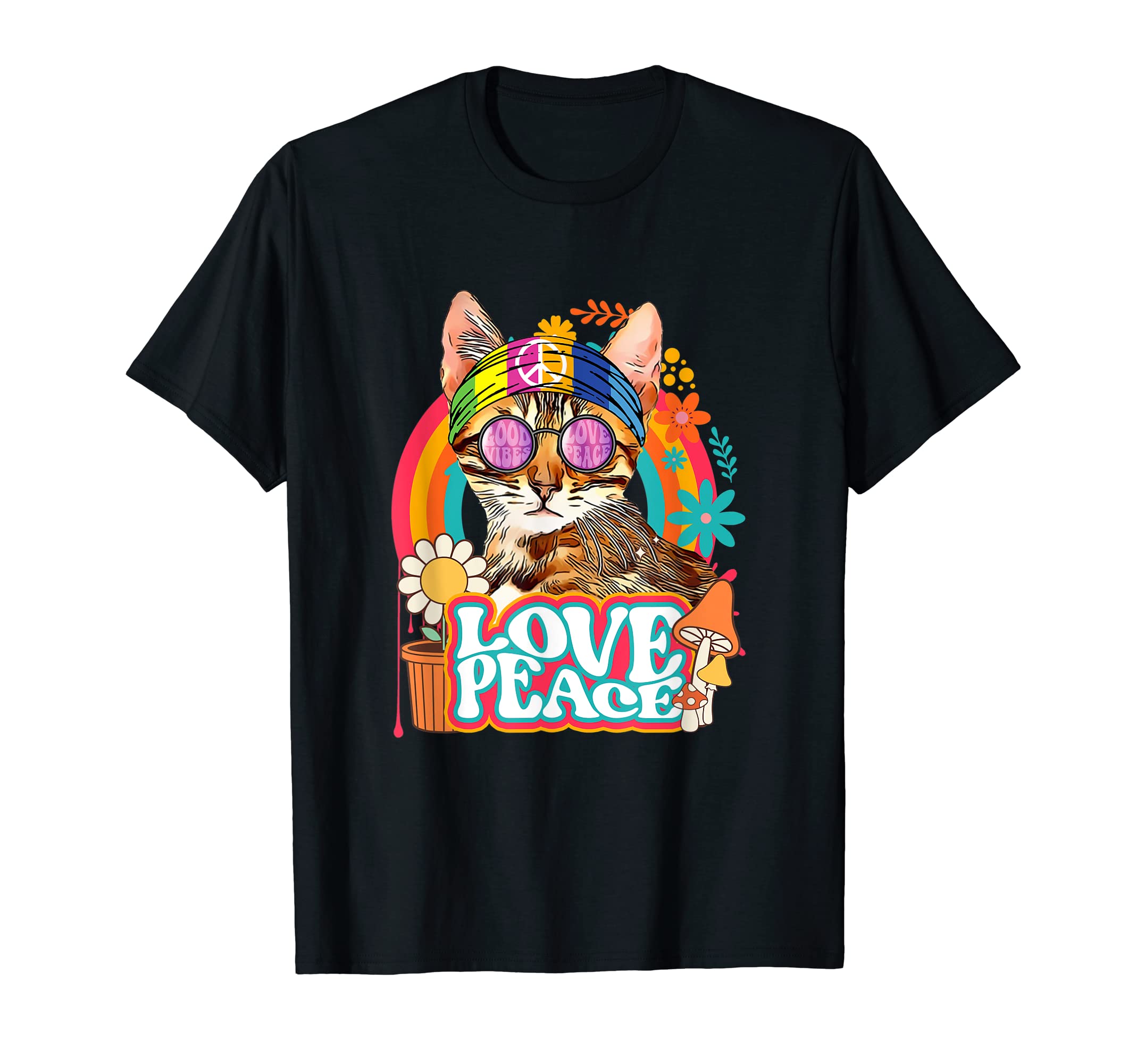Hippie Cat Rainbow 60S 70S Peace Sign T-Shirt - Novelty Apparel for Adults - T-Shirt, Sweatshirt, Hoodie