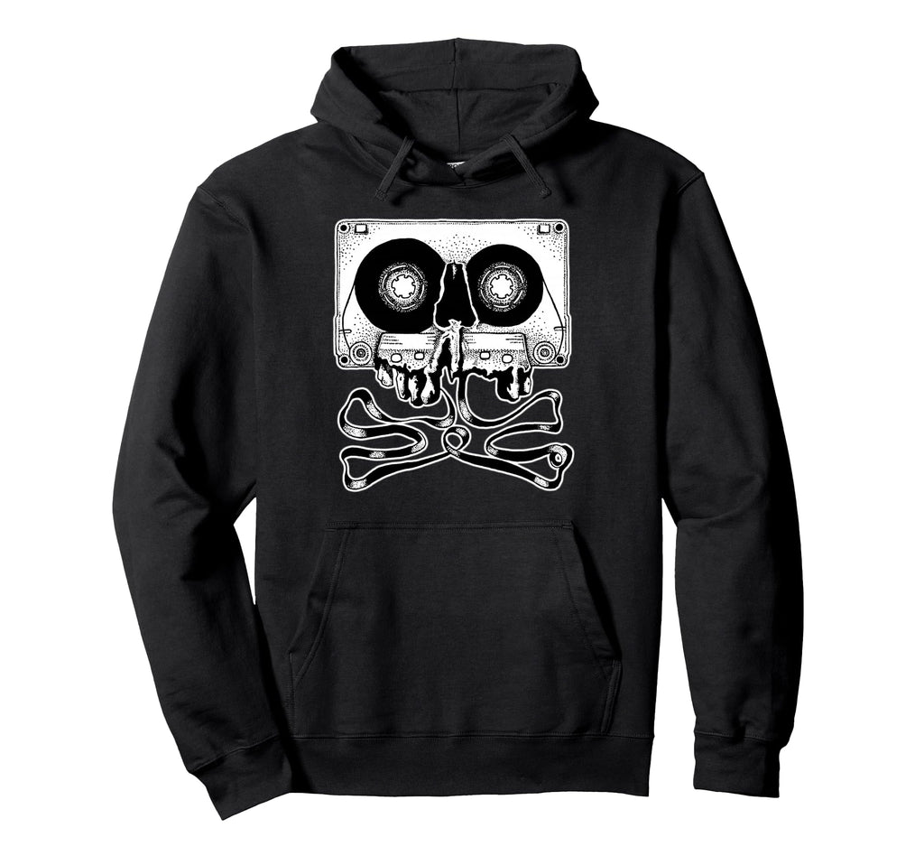 Cassette Tape Skull Blackwork Hoodie - Fun Novelty Design for Adults - T-Shirt, Sweatshirt, Hoodie