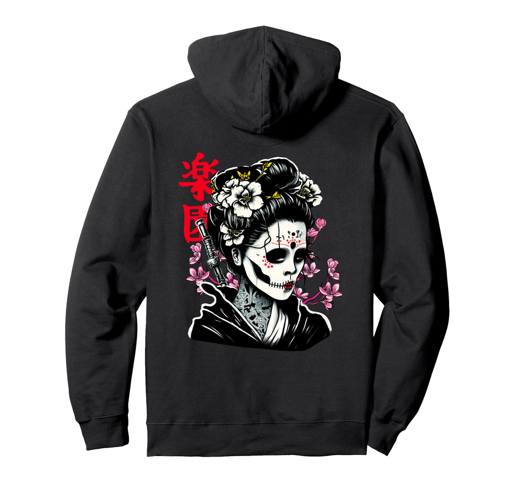 Japanese Geisha Skull Sakura Tree Art Hoodie - Custom Art Print for Adults - T-Shirt, Sweatshirt, Hoodie