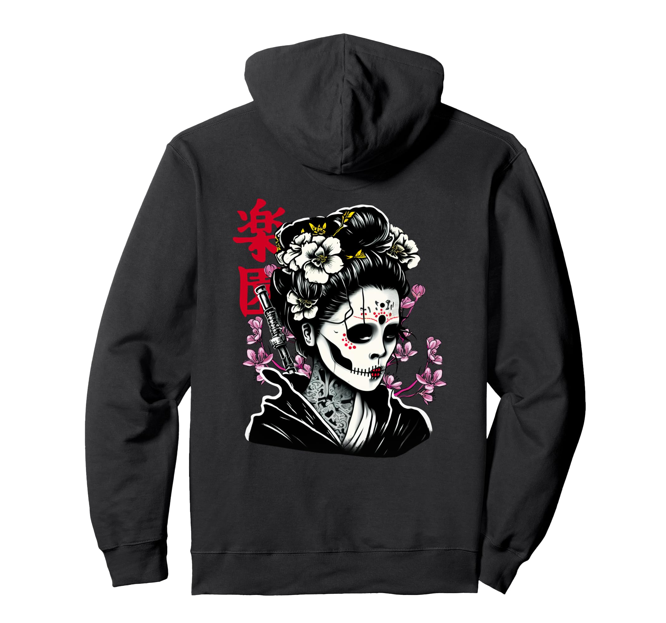 Japanese Geisha Skull Sakura Tree Art Hoodie - Custom Art Print for Adults - T-Shirt, Sweatshirt, Hoodie