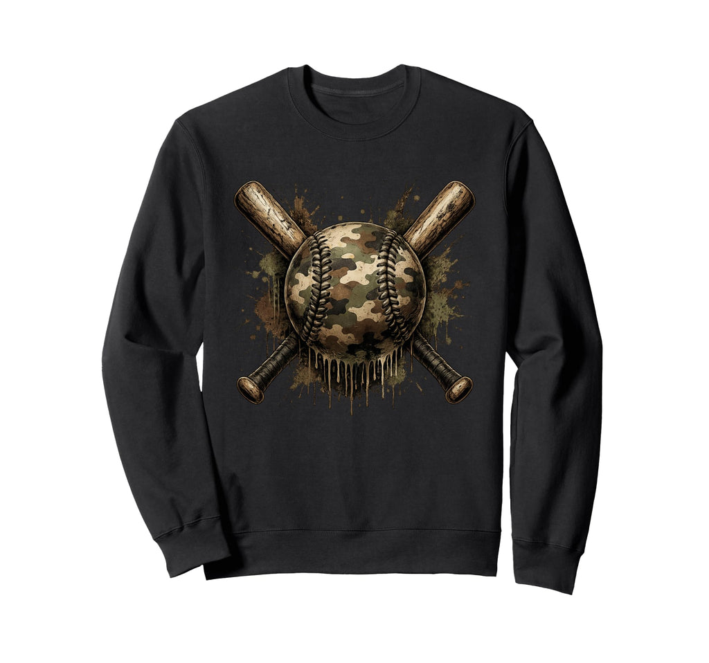 Camo Baseball Crossed Bats Grunge Sweatshirt - Fun Novelty Design Unisex - T-Shirt, Sweatshirt, Hoodie