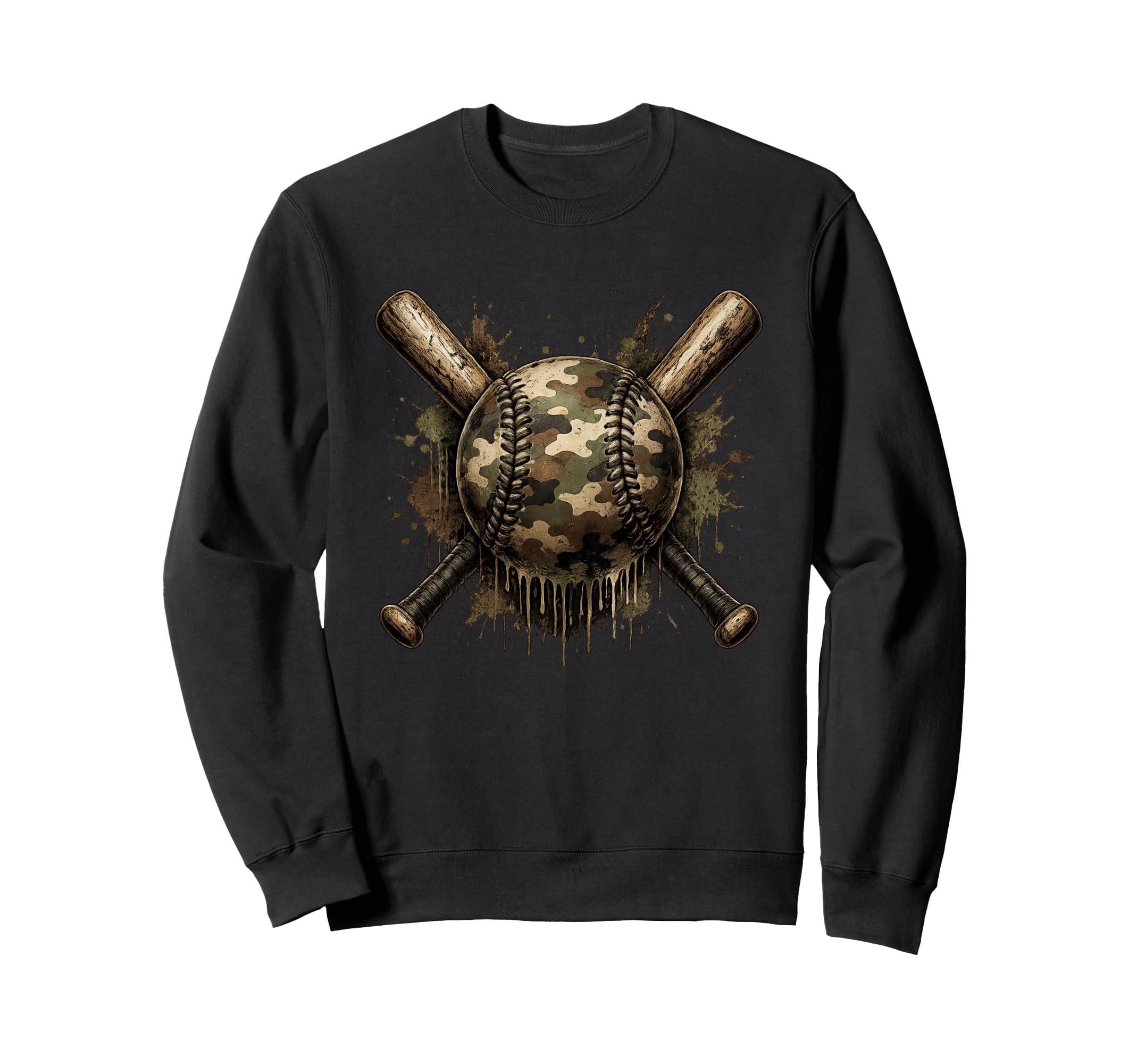 Camo Baseball Crossed Bats Grunge Sweatshirt - Fun Novelty Design Unisex - T-Shirt, Sweatshirt, Hoodie