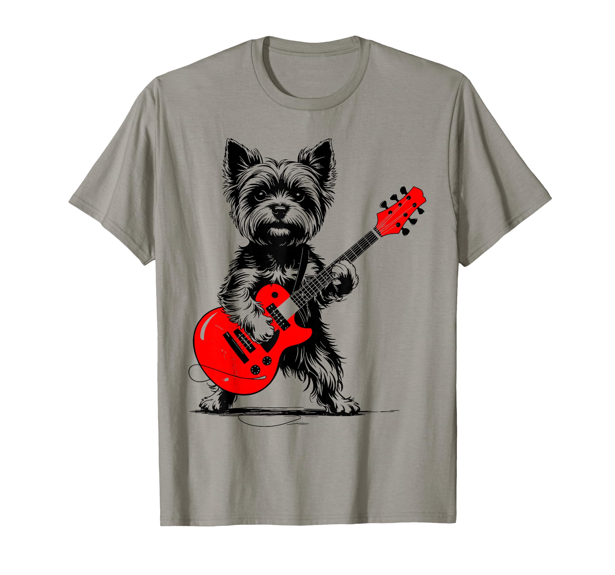 Yorkie Rock Funny Dog Playing Guitar Rock T-Shirt - Graphic Print Unisex - T-Shirt, Sweatshirt, Hoodie