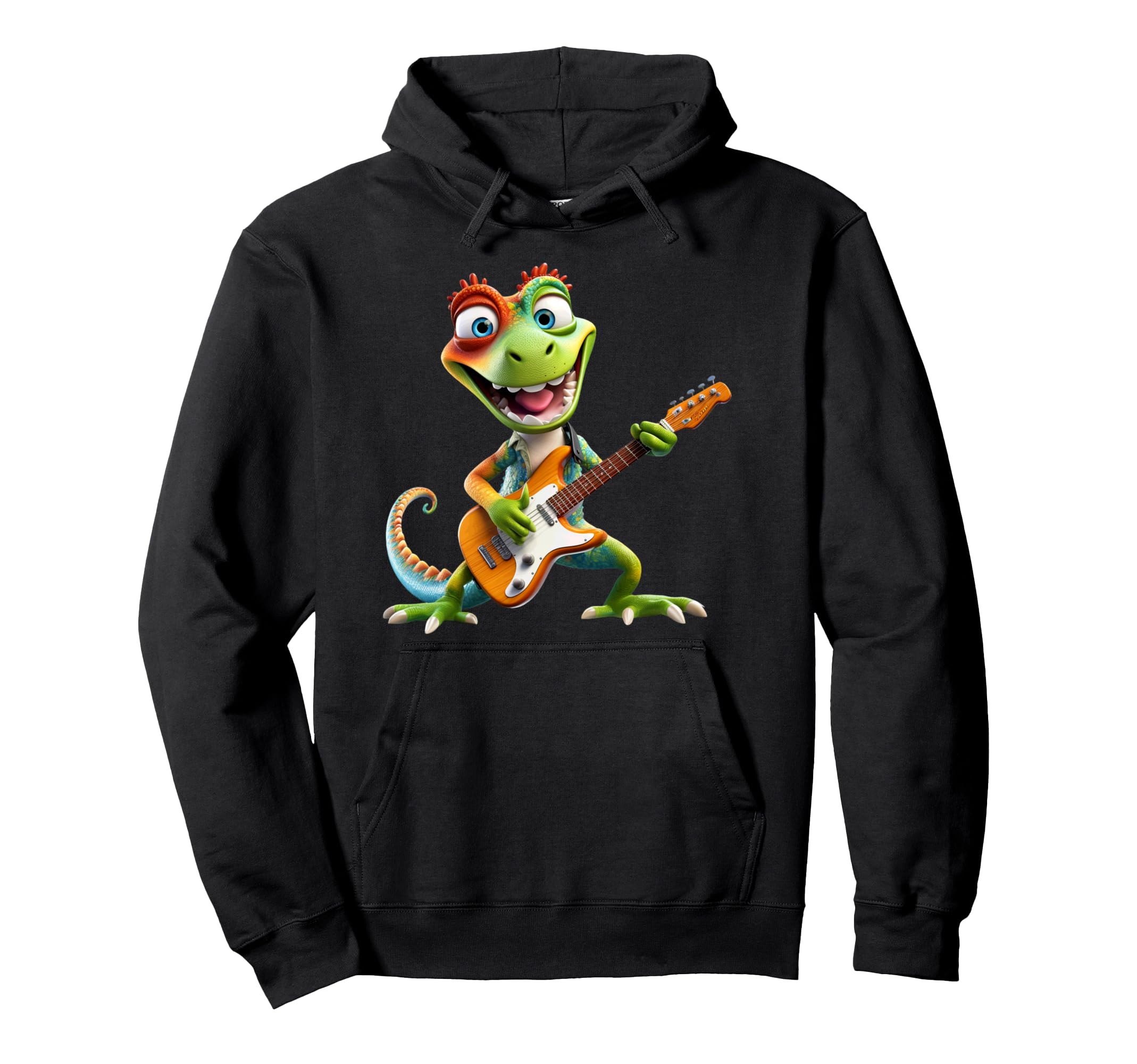 Cartoon Lizard Rocker Playing Hoodie - Aesthetic Graphic Men Women - T-Shirt, Sweatshirt, Hoodie
